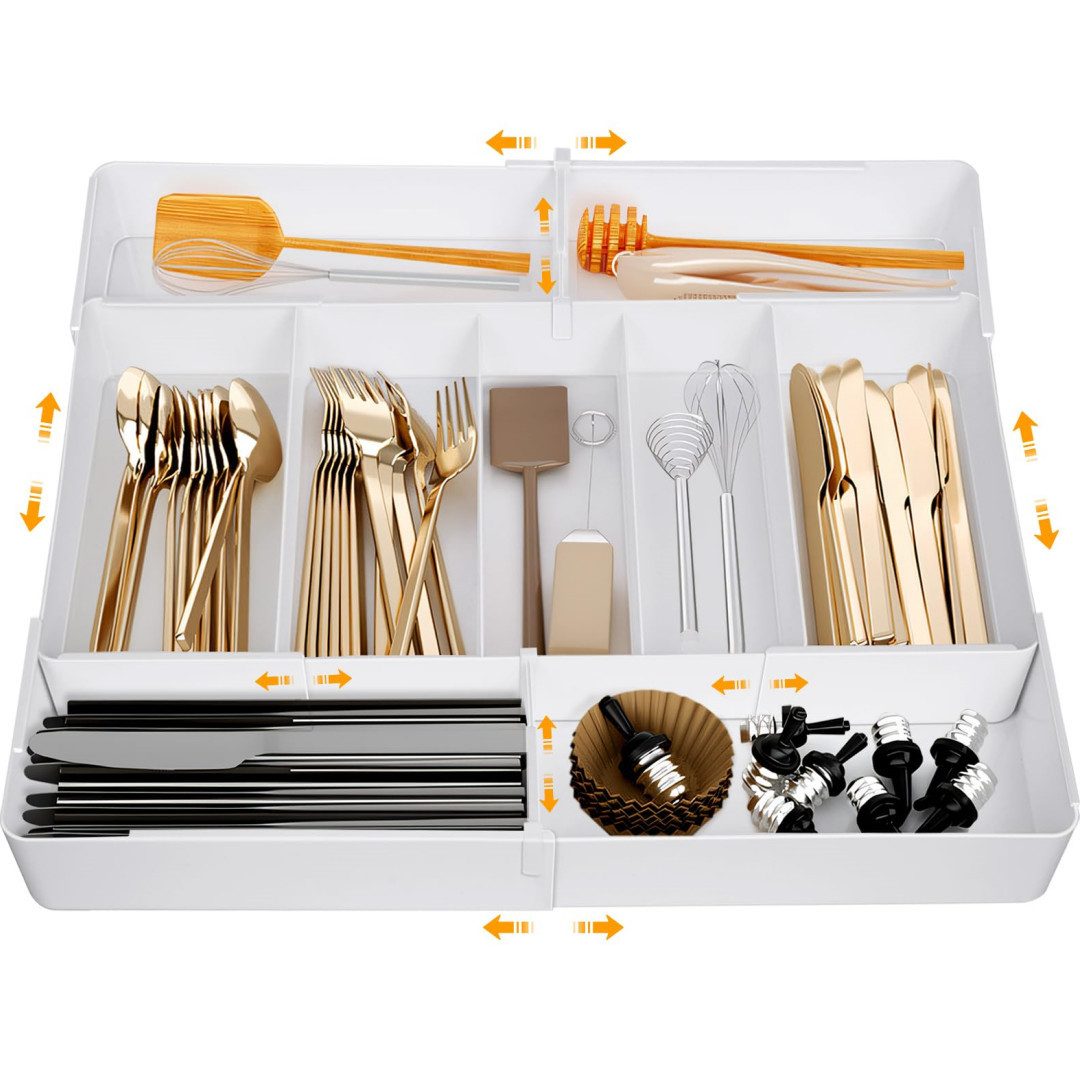 FOUORTUNATE-BEE Besteckeinsatz Weißer erweiterbarer Besteck-Organizer für Küchenschubladen, Verstellbarer Schubladeneinsatz mit 3 Fächern & 4-seitiger Ausziehung
