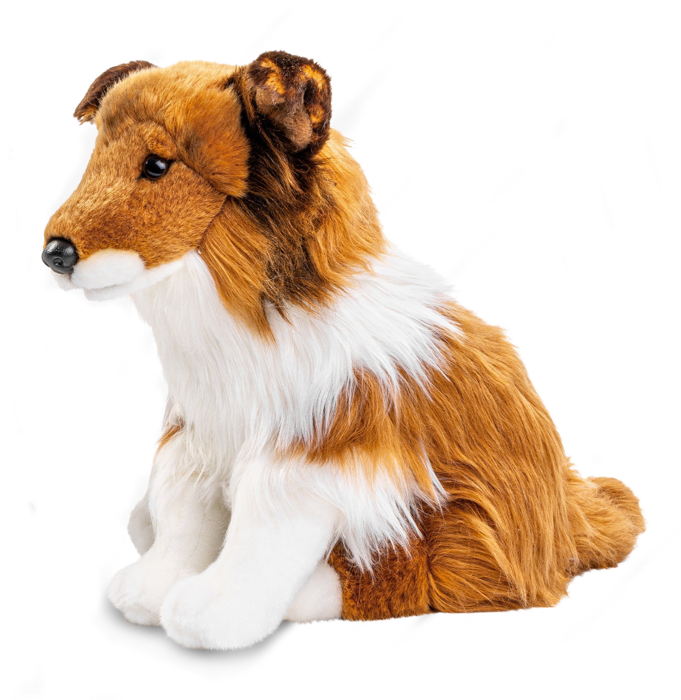 Uni-Toys - Langhaarcollie met halsdoek (hartjemotief) - 27 cm (hoogte) - pluche hond, collie - pluche dier, knuffeldier