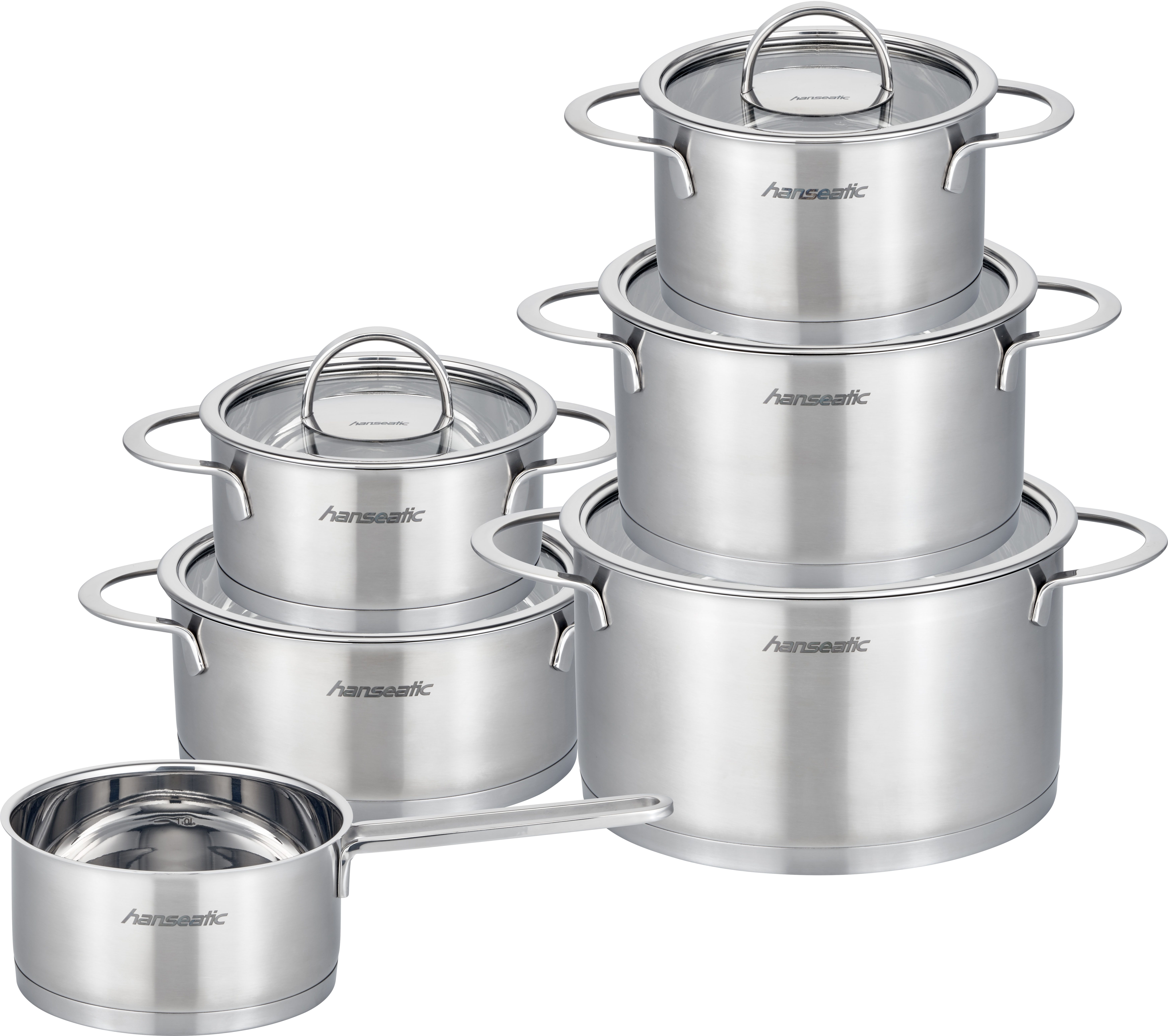 Hanseatic Topf-Set hanseatic, Edelstahl 18/10 (Set, 11-tlg., Fleischtopf 16/20/24 cm, Bratentopf 16/20 cm, Stielkasserolle 16 cm), handfreundliche Kaltmetallgriffe, Literskala, Glasdeckel, Induktion