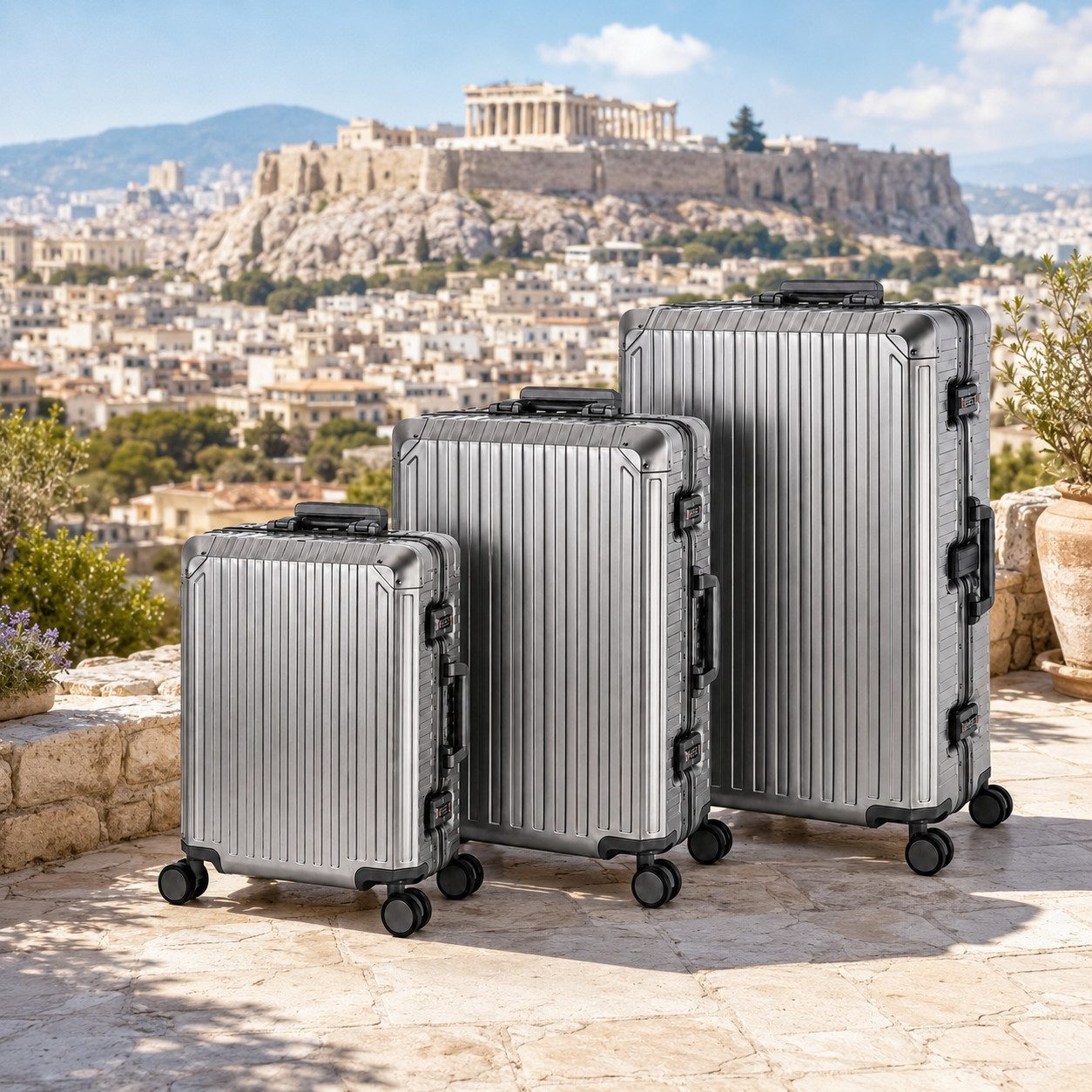 Travelhouse Kofferset 100% Aluminium TOKYO - verschiedene Farben, 4 Rollen, (3 tlg., S+M+XL), mit stabilem Aluminium-Gehäuse und verstärkten Ecken