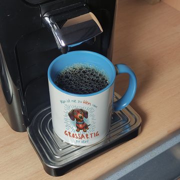 speecheese Tasse Dackel Kaffeebecher in hellblau mit Spruch Nie zu klein für