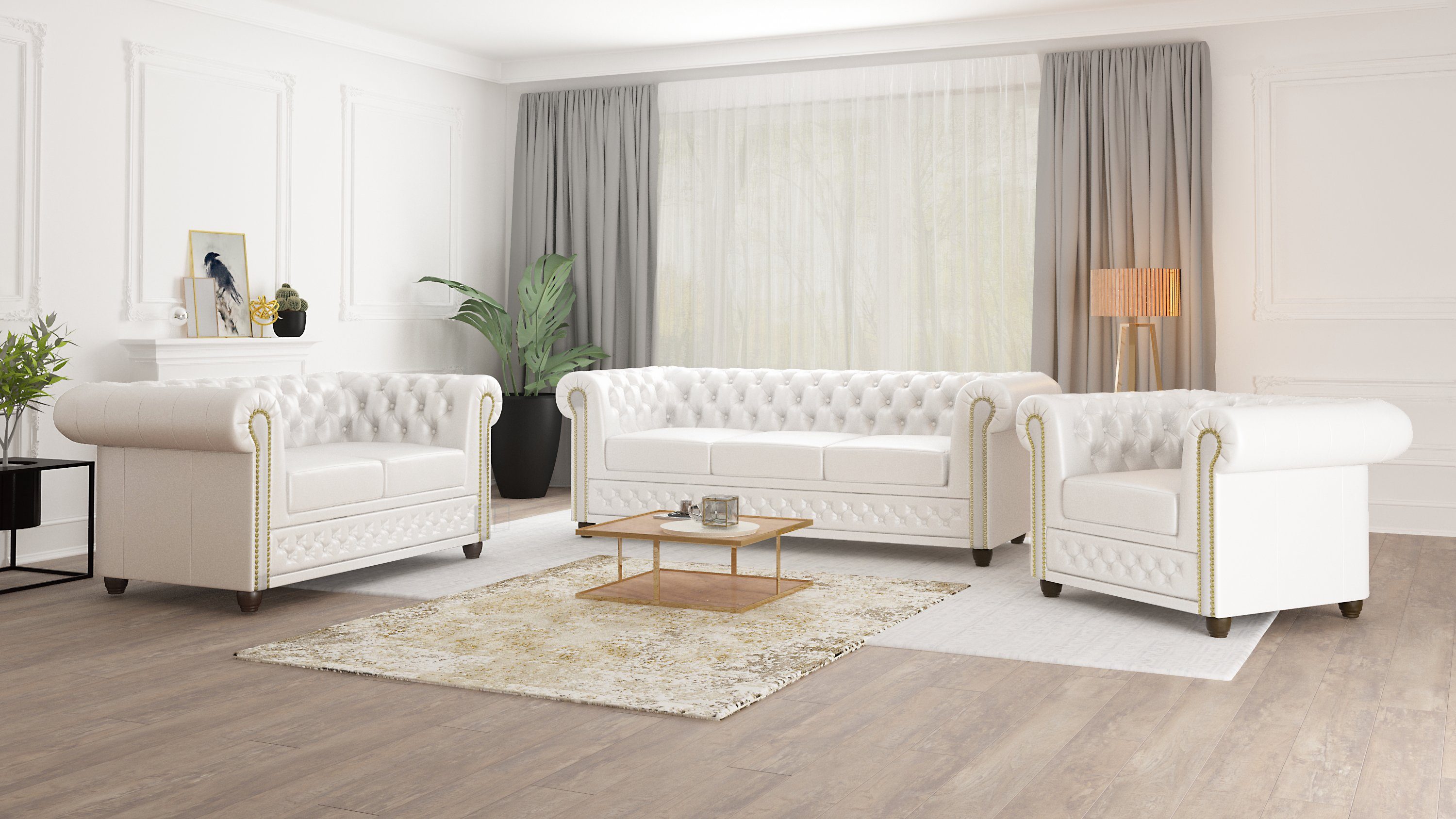 S-Style Möbel Chesterfield-Sofa Jeff 3-Sitzer aus veganem Leder mit Holzfüßen, Mit Wellenfederung – Bild 3 von 5