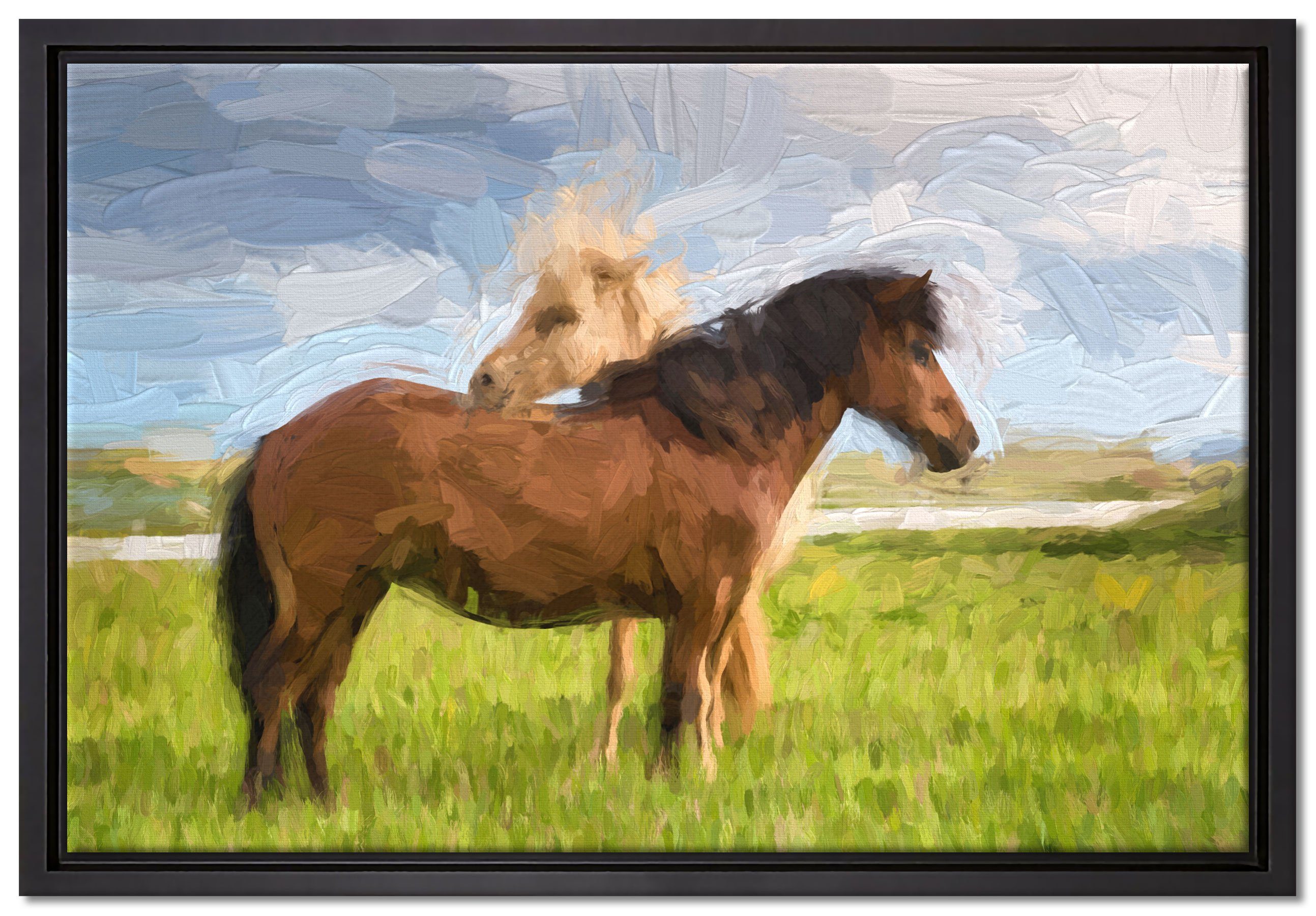 Pixxprint Leinwandbild zwei Pferde auf der Wiese Kunst, Wanddekoration (1 St), Leinwandbild fertig bespannt, in einem Schattenfugen-Bilderrahmen gefasst, inkl. Zackenaufhänger