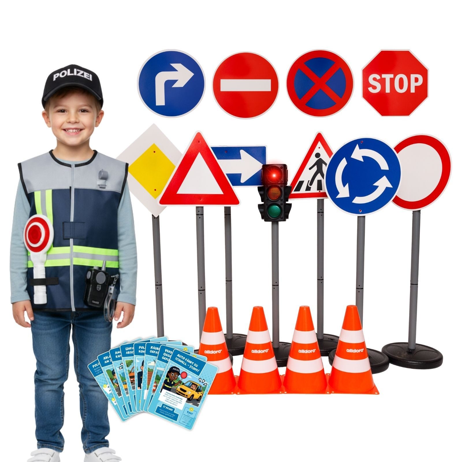 alldoro Spiel-Verkehrszeichen XXL Verkehrsset + Polizei Rollenspielset für Kinder ab 3 Jahre, Polizei Verkleidung mit Accessoires + Ampel, 10 Schilder & 4 Pylonen