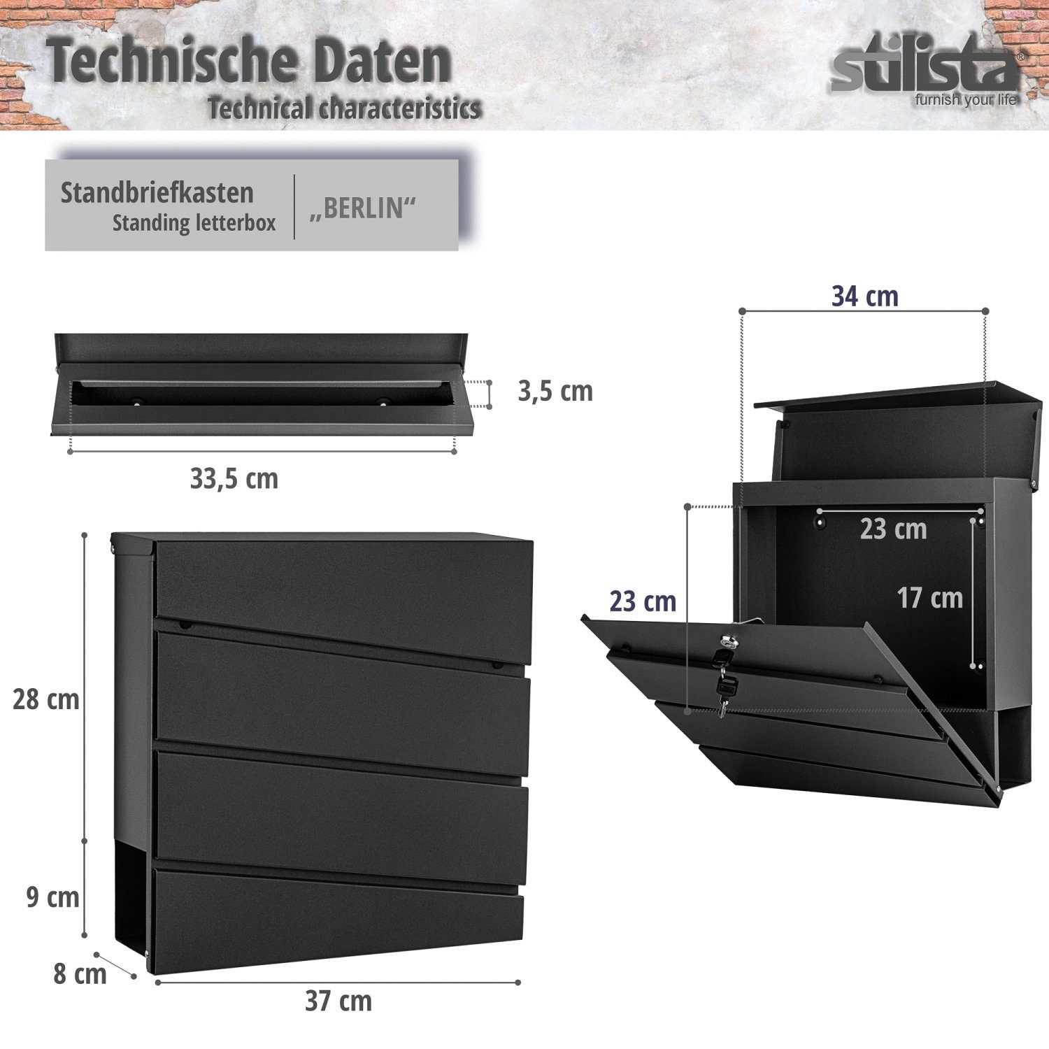 Briefkasten Metall, 2 inkl. Standbriefkasten Zeitungsfach pulverbeschichtetes Farb- und Modellwahl (Set, Postkasten STILISTA mit inkl. Schwarz Standfuß, Schlüssel),