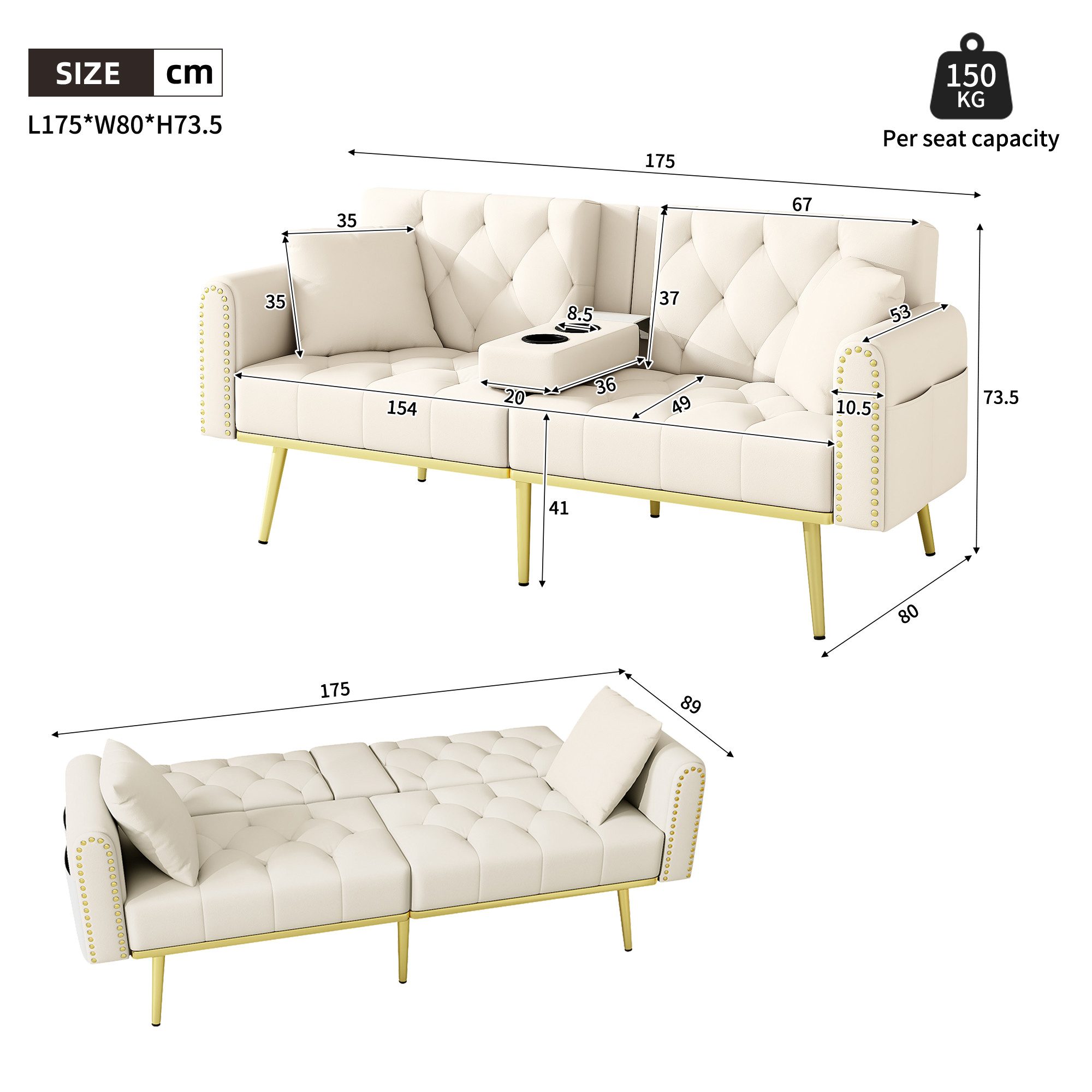 BlingBin Schlafsofa Zweisitzer-Sofa Sofabett Doppelt klappbares Sofabett mit Liegefunktion, Drei verstellbaren Neigungswinkeln und Getränkehalter 1 Teile, Ausziehsofa für Wohnzimmer, Schlafzimmer, Heimkino oder Gästezimmer