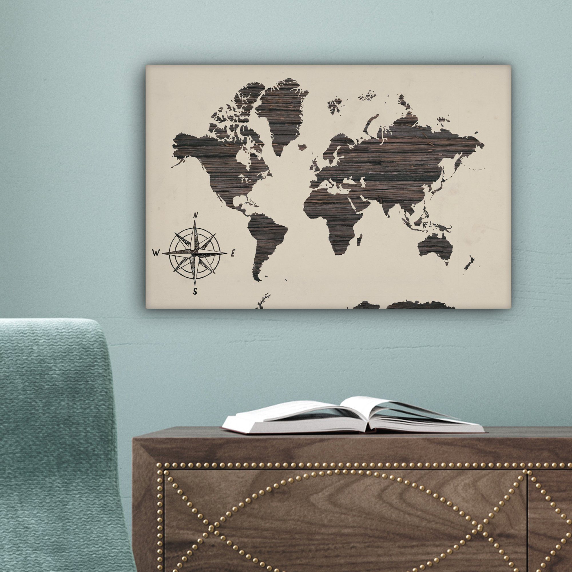 OneMillionCanvasses® Leinwandbild Weltkarte - - Leinwandbilder, 30x20 Holz Wanddeko, Kompassrose, St), (1 cm Wandbild Aufhängefertig