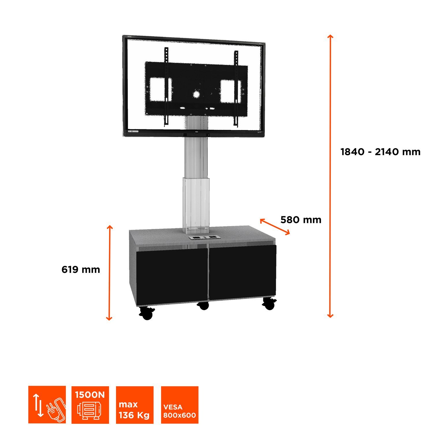 max Display-Rollwagen 50cm schwarz/silber) höhenverstellbar, 600, (bis TV-Wandhalterung, VESA Schrank 86 Hub - Celexon 800 x Adjust-4286MS Zoll, mit elektrisch