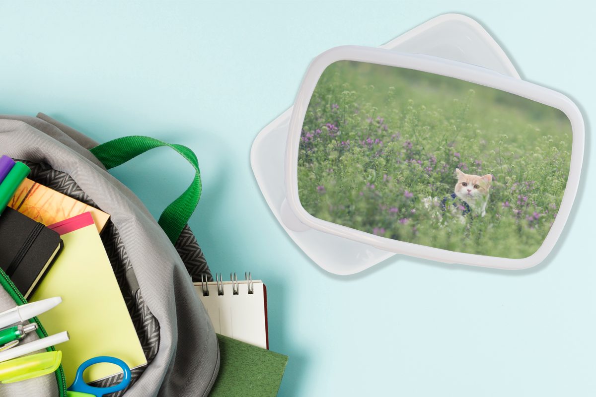 Brotbox Blumen - und Katze Mädchen und Erwachsene, weiß für Frühling, Lunchbox MuchoWow Kinder für Kunststoff, - (2-tlg), Jungs Brotdose,