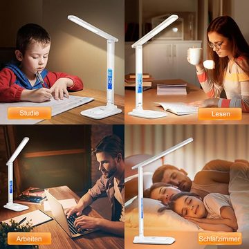 MODFU LED Schreibtischlampe Nachttischlampe Tischlampe Tisch Lampe Leuchte Schlafzimmer USB-Ladung, Ladestation für Handy, LED fest integriert, 3 Farbtemperaturen, verstellbar 5 Helligkeitsstufen Kalender Wecker wireless Ladestation