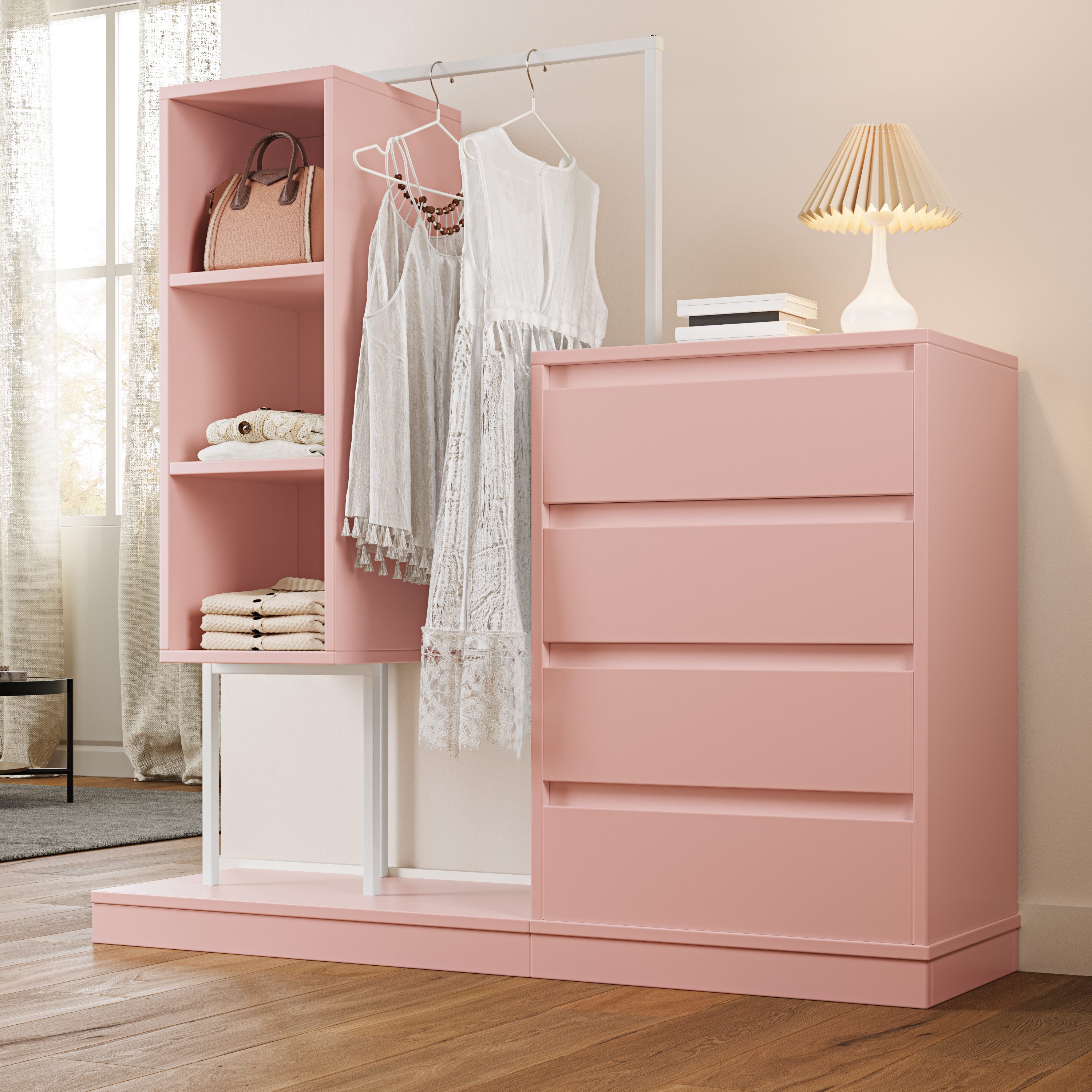 KLAM HOME Garderoben-Set Schubladenschrank, Kleiderschrank-Set, Rosa Kleiderschrank, Kippsicherung, mit Kleiderstange, offene Fächer, Rosa – Bild 5 von 5