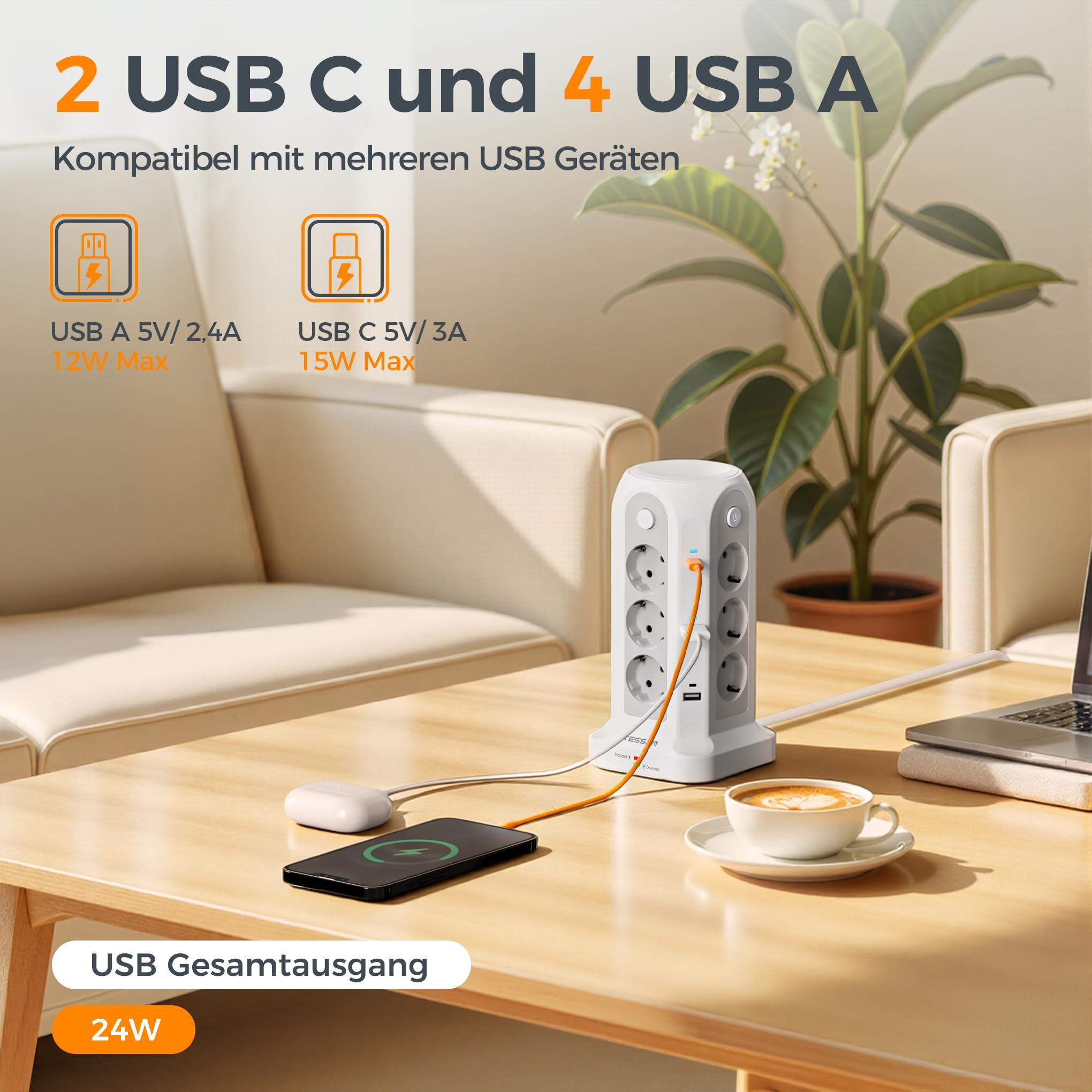 TESSAN 12 Fach Mehrfachsteckdose mit 3 USB(2 USB-A/1 USB-C) Kabel 2/5m Mehrfachsteckdose (USB-Anschlusse, Ein-/Ausschalter, Kabellänge 2 m)