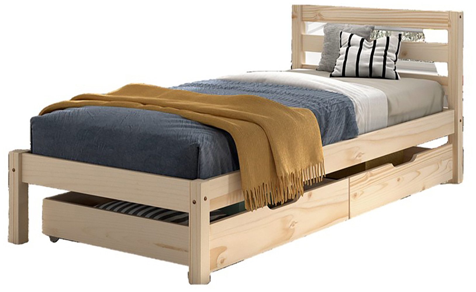 Vipack Massivholzbett Pino, universell einsetzbar, gradliniges Design, Made in Europe (B/H/Tca. 211x84,4x 97,5cm, Liegefläche 90/200 cm, inkl. 2 Schubladen), inkl. Rolllattenrost, Kiefer massiv, in Natur oder Weiß lackiert