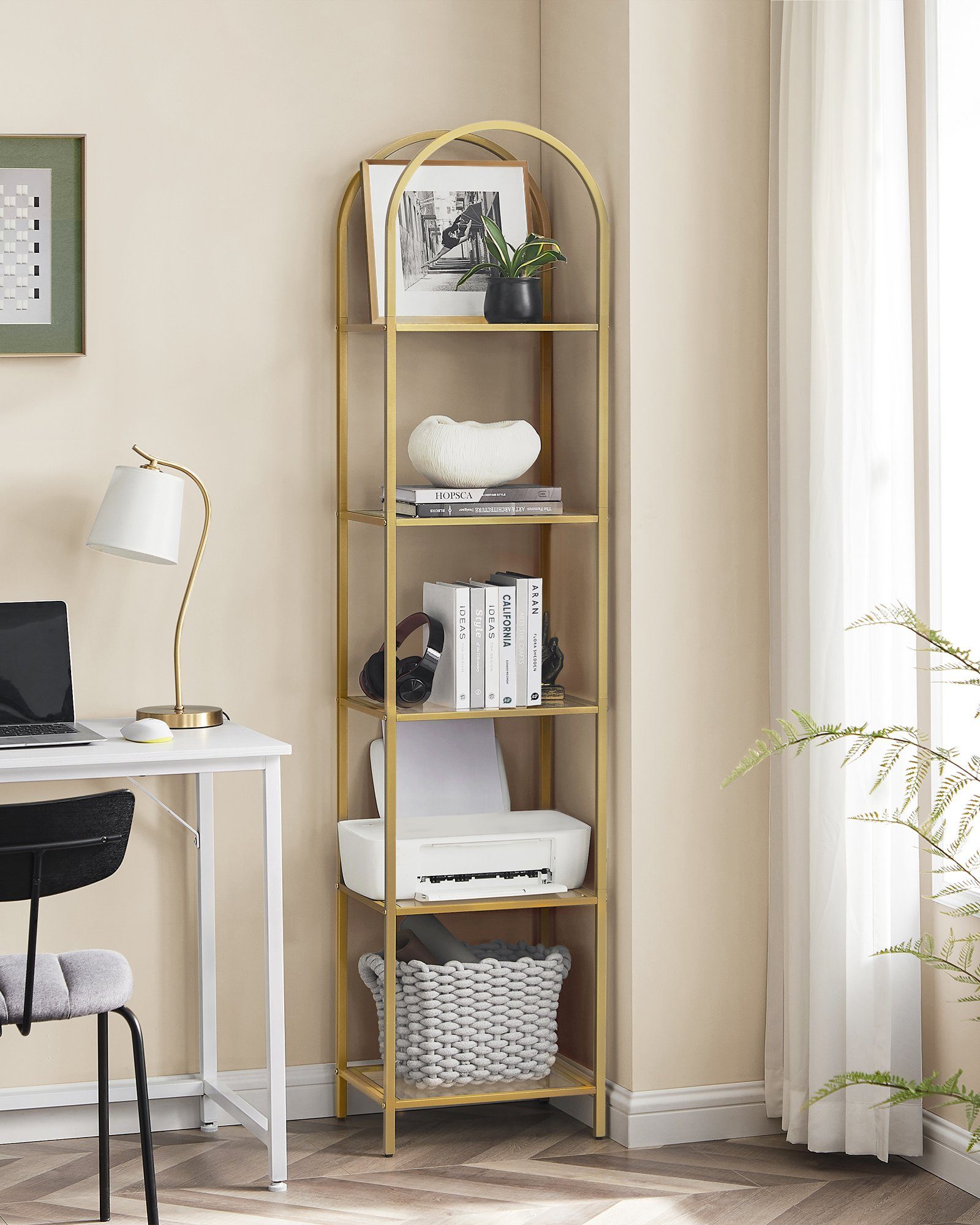 5 Höhe VASAGLE Standregal, 183,5cm 1-tlg., Ebenen, Bücherregal mit gold