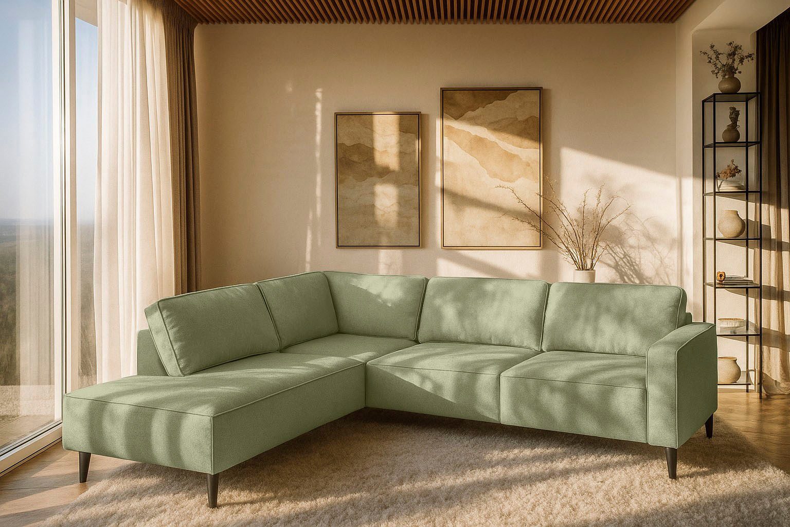 Home affaire Ecksofa Fumone, Lederoptik oder Soft-Touch Chenille, Breite 260, mit schwarzen Massivholzfüßen