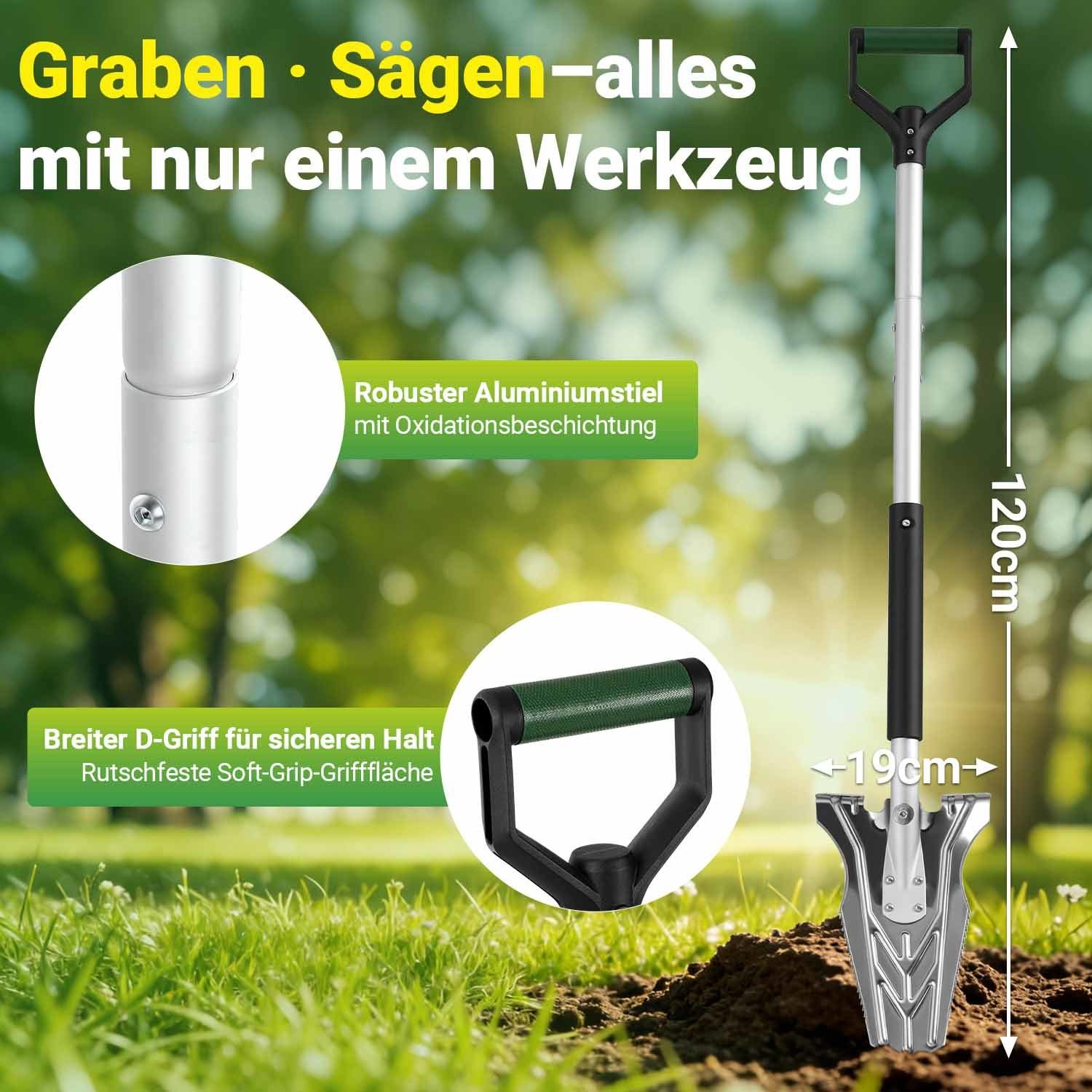Clanmacy Spaten 119 cm Faltbarer Gartenspaten Multifunktionales Gartenwerkzeug