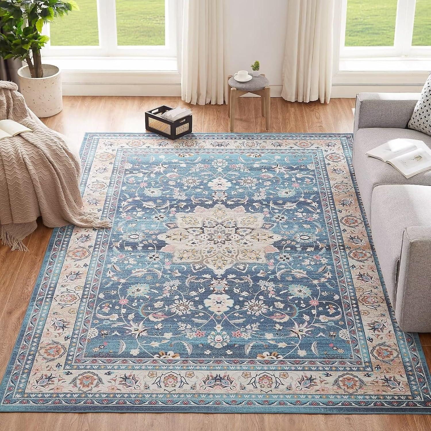 Teppich Teppich Wohnzimmer 160x230CM Blau Vintage Kurzflor Flauschig