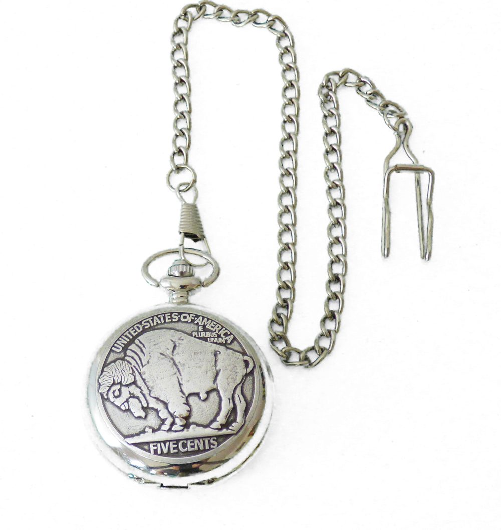 Westernlifestyle Taschenuhr Taschenuhr mit Sprungdeckel und Kette Büffel Bison 5 Cents USA