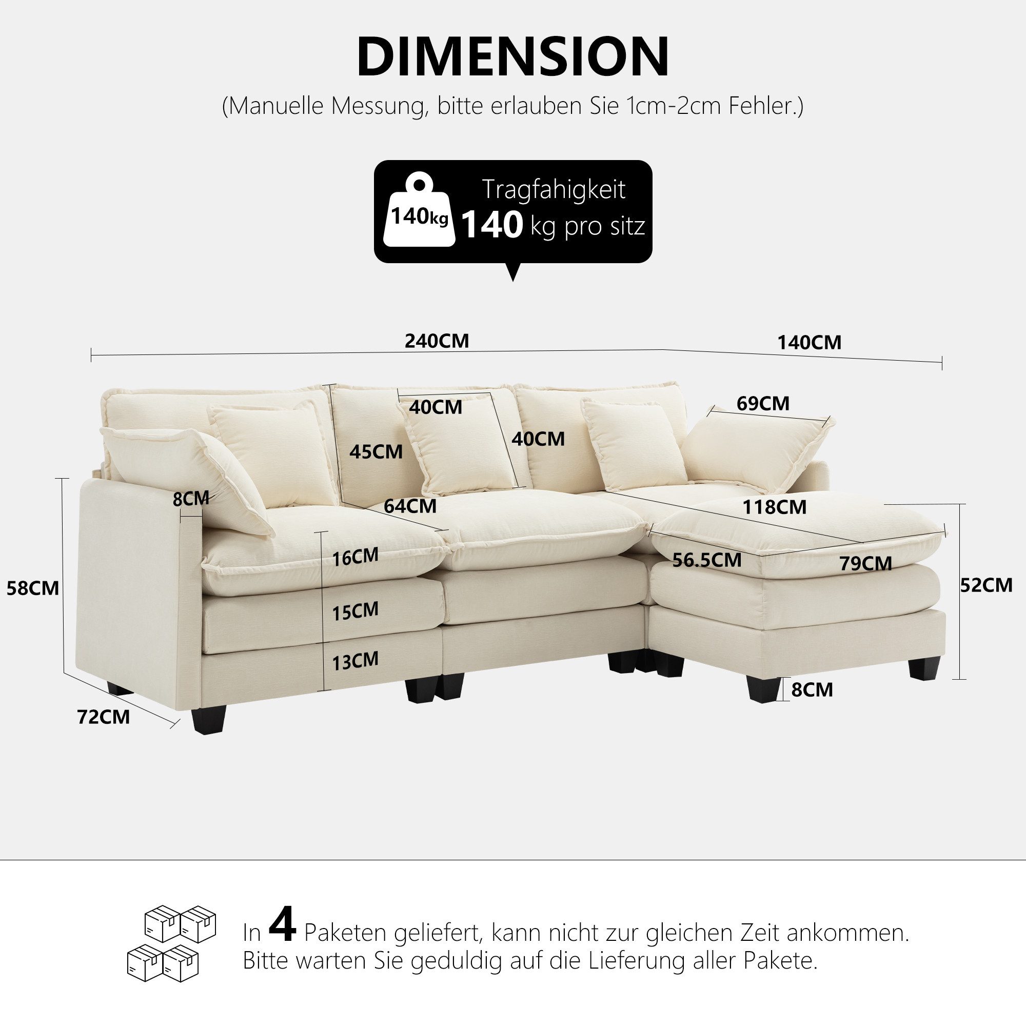 Urhanherry Sofa Gemütliches Modulsofa mit hochwertigem Chenille-Bezug, 2 Teile, L-Form Cloud Sofa, Sektionssofa 4-Sitzer mit Ottomane