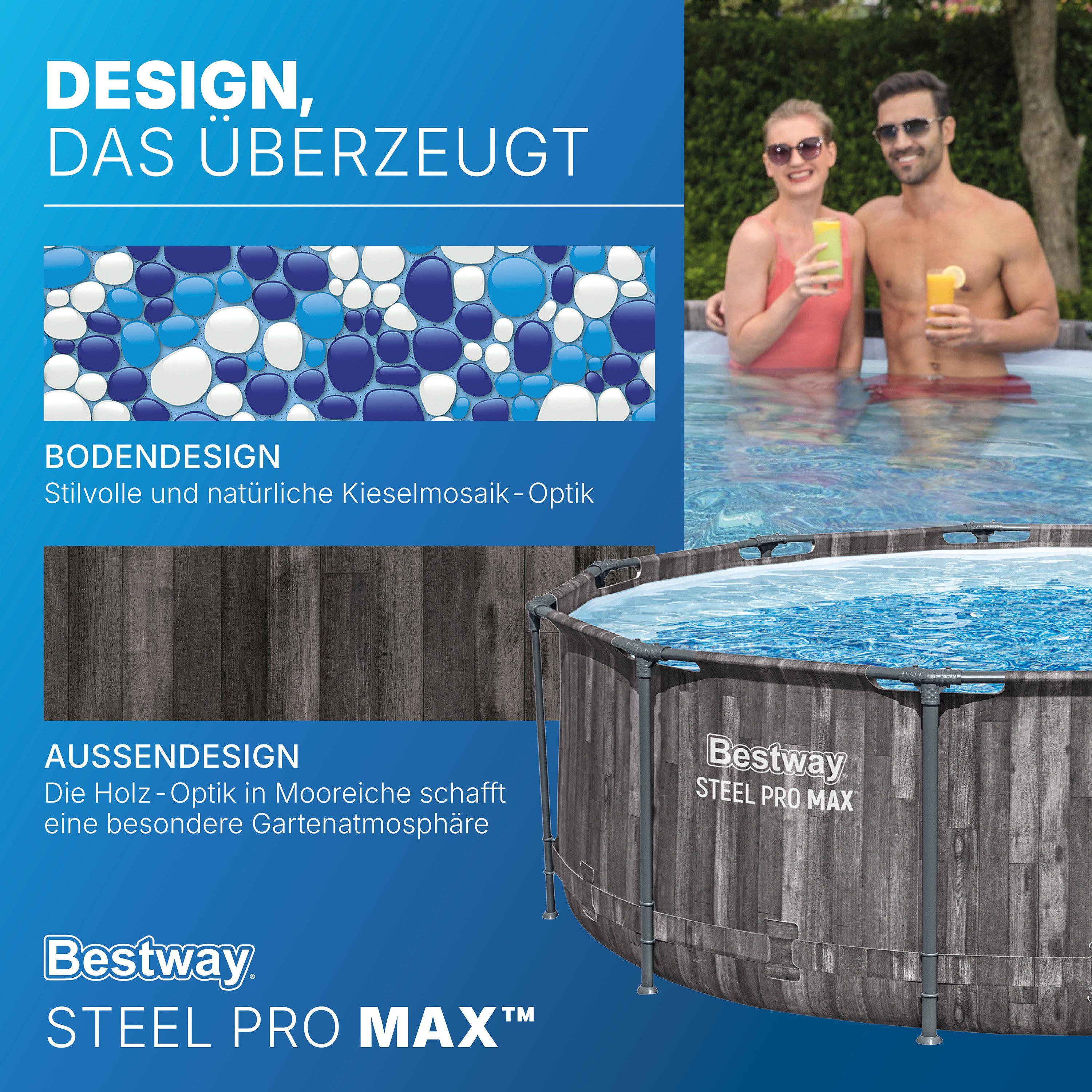 Bestway Framepool Steel Pro MAX™ (Set, Inkl. Filterpumpe, Sicherheitsleiter), Ø 366 x 100 cm