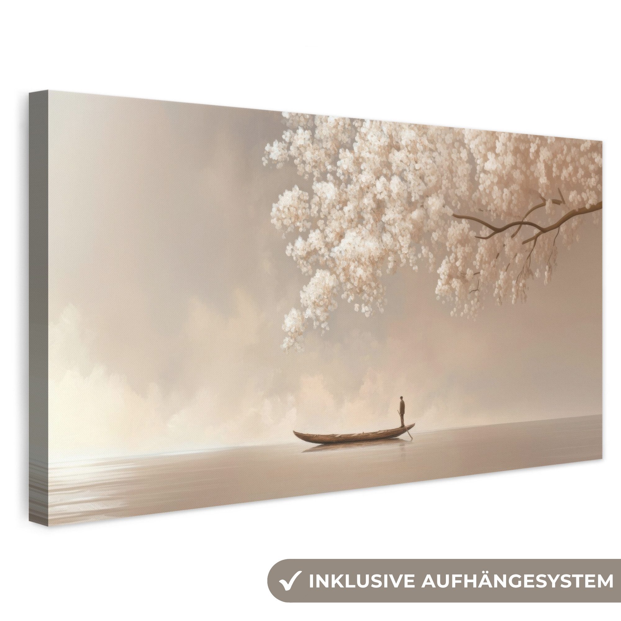 OneMillionCanvasses® Leinwandbild Panorama Blüten - Weiß - Boot - Minimalistisch, Fotodruck (1 St), Wandbild, Deko Schlafzimmer Wohnzimmer Flur 40x20 cm