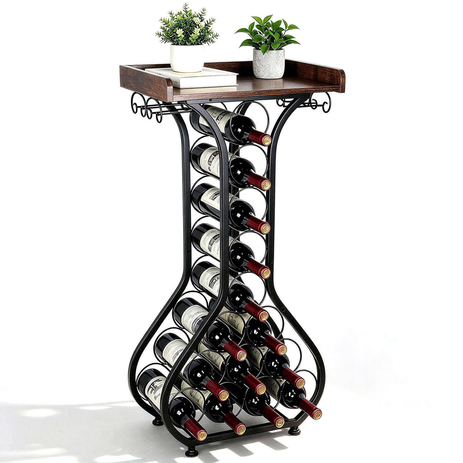 BlingBin Weinregal Freistehendes Metall Weinregal mit Holzplatte, Weinständer, 1er Set 1-tlg., für 14 Flaschen und 4 Weingläser, Vintage Design für Küche & Hausbar