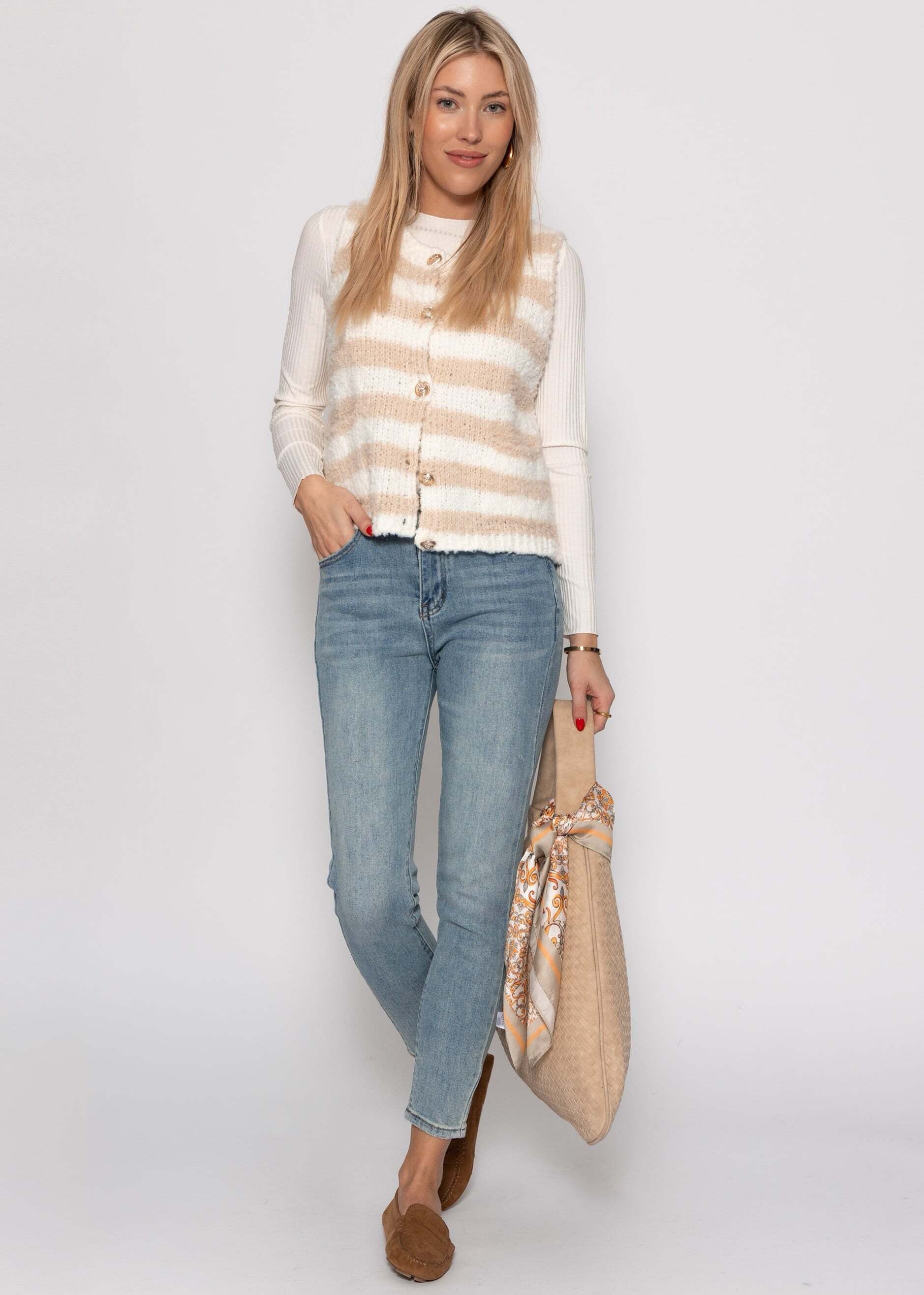 SASSYCLASSY Kurzweste Bouclé-Weste mit aufgesetzten Taschen für Damen Weiche Weste mit goldfarbenen Knöpfen Greige Rosa Schwarz Braun