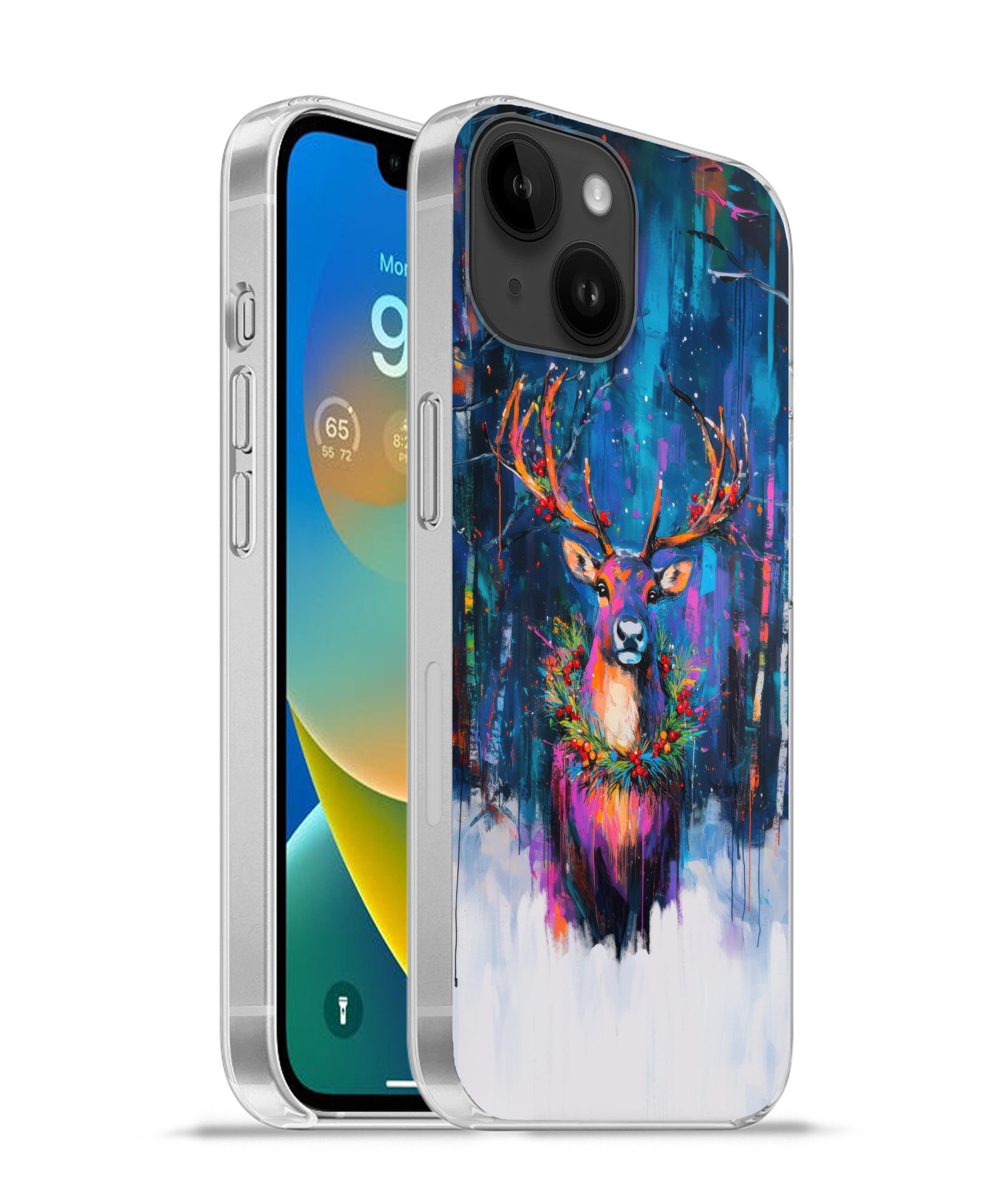 MuchoWow Handyhülle für Apple iPhone 14 Rentier - Kranz - Märchenhaft - Blau, Smartphone-Bumper, Print, Handy Schutzhülle Dünn
