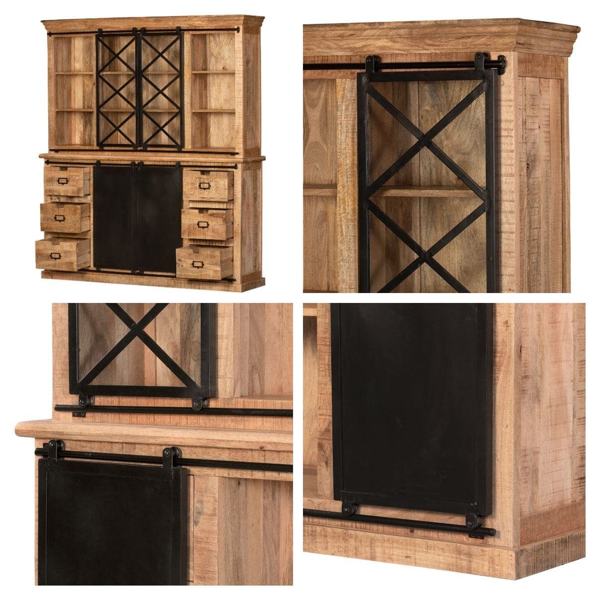 baario Buffet Schrank SELCE 180cm massiv Mangoholz & Eisen Vitrine Buffet Industrial Schiebetüren