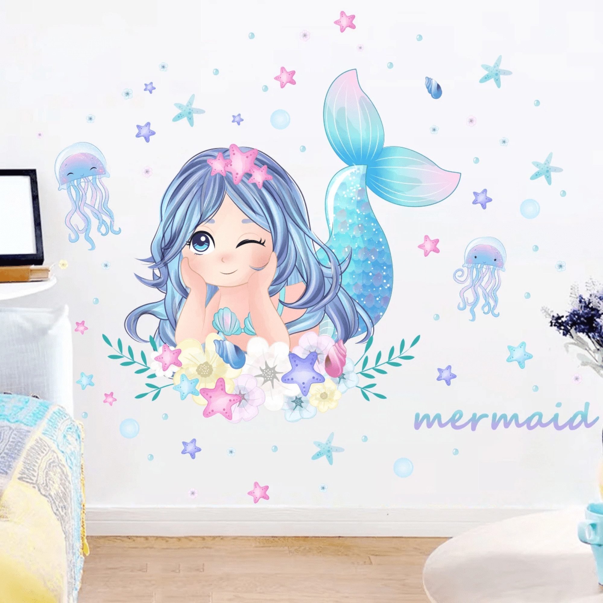 Montegoni Wandtattoo Kinder Wandsticker,Selbstklebende (Wandaufkleber Meerjungfrau,Quallen,Seesterne und Blumen, Deko Kindergarten Home Dekoration), wandtattoo für Mädchenzimmer,Babyzimmer