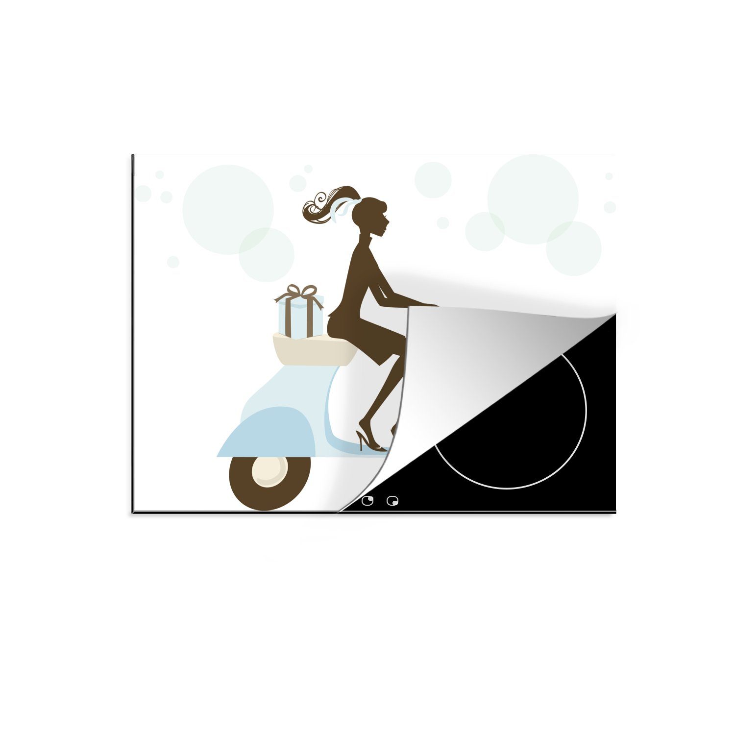 cm, nutzbar, Arbeitsfläche Ceranfeldabdeckung eines Mobile einem auf Mädchens Illustration Eine 70x52 MuchoWow Motorroller, Vinyl, Herdblende-/Abdeckplatte tlg), (1
