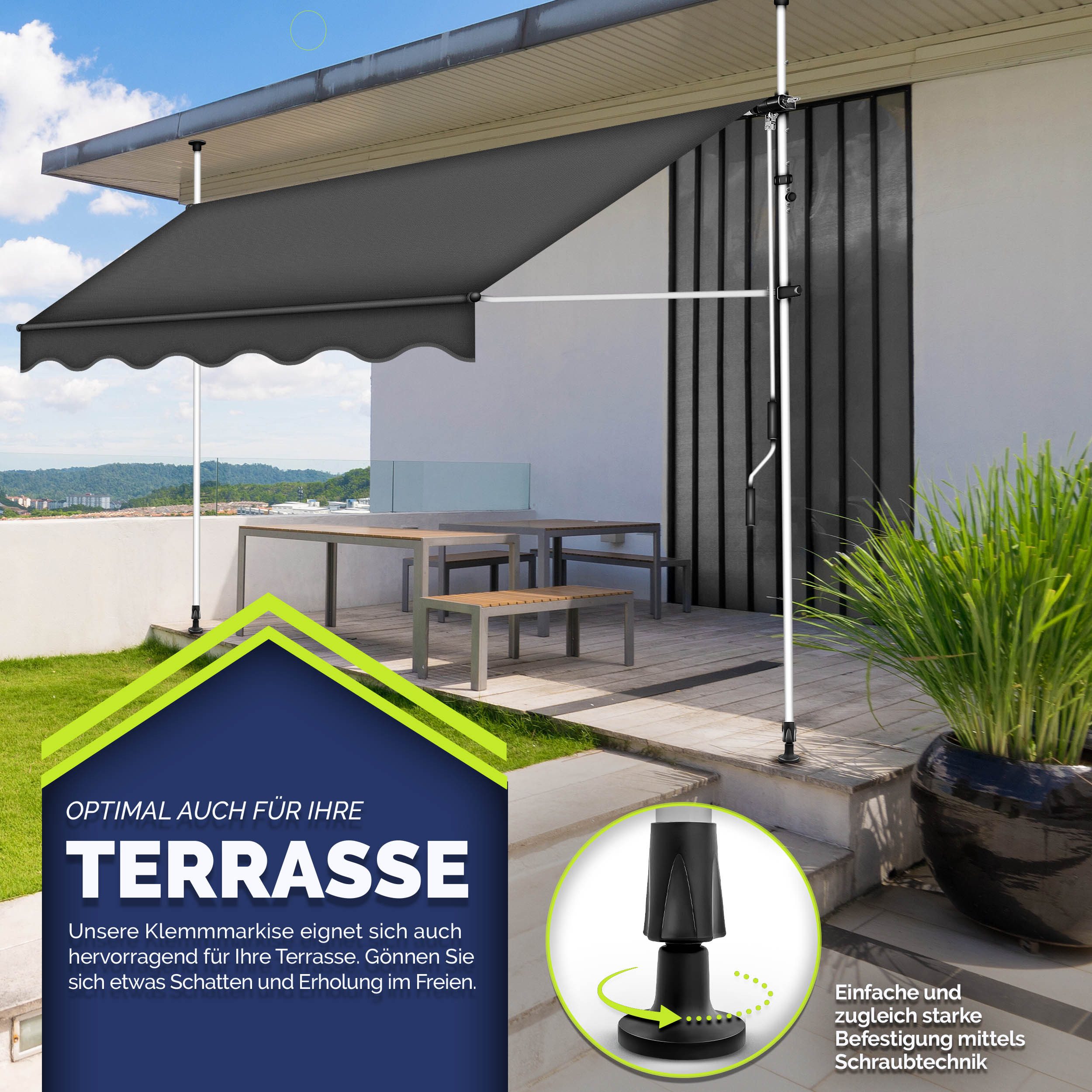 tillvex Klemmmarkise Balkonmarkise ohne Bohren, Markise mit Handkurbel & höhenverstellbar Sonnenschutz UV-beständig & wasserdicht – Bild 4 von 5