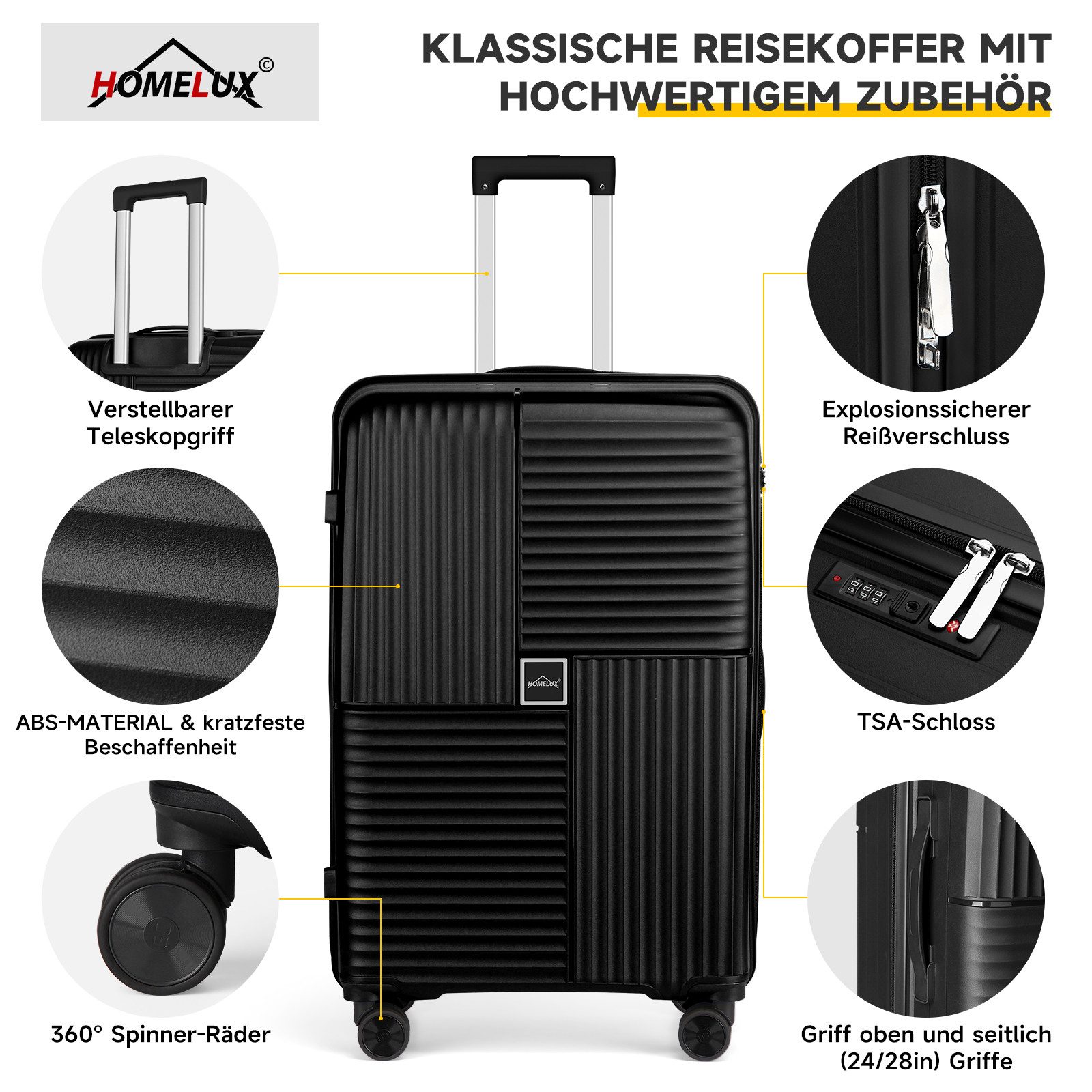 HOMELUX Kofferset Trolleyset Reisekoffer 3er ABS Hartschalen-Koffer, 4 Rollen, (set, 3), Rollkoffer Trolley Hartschalen koffer Set - M-L-XL