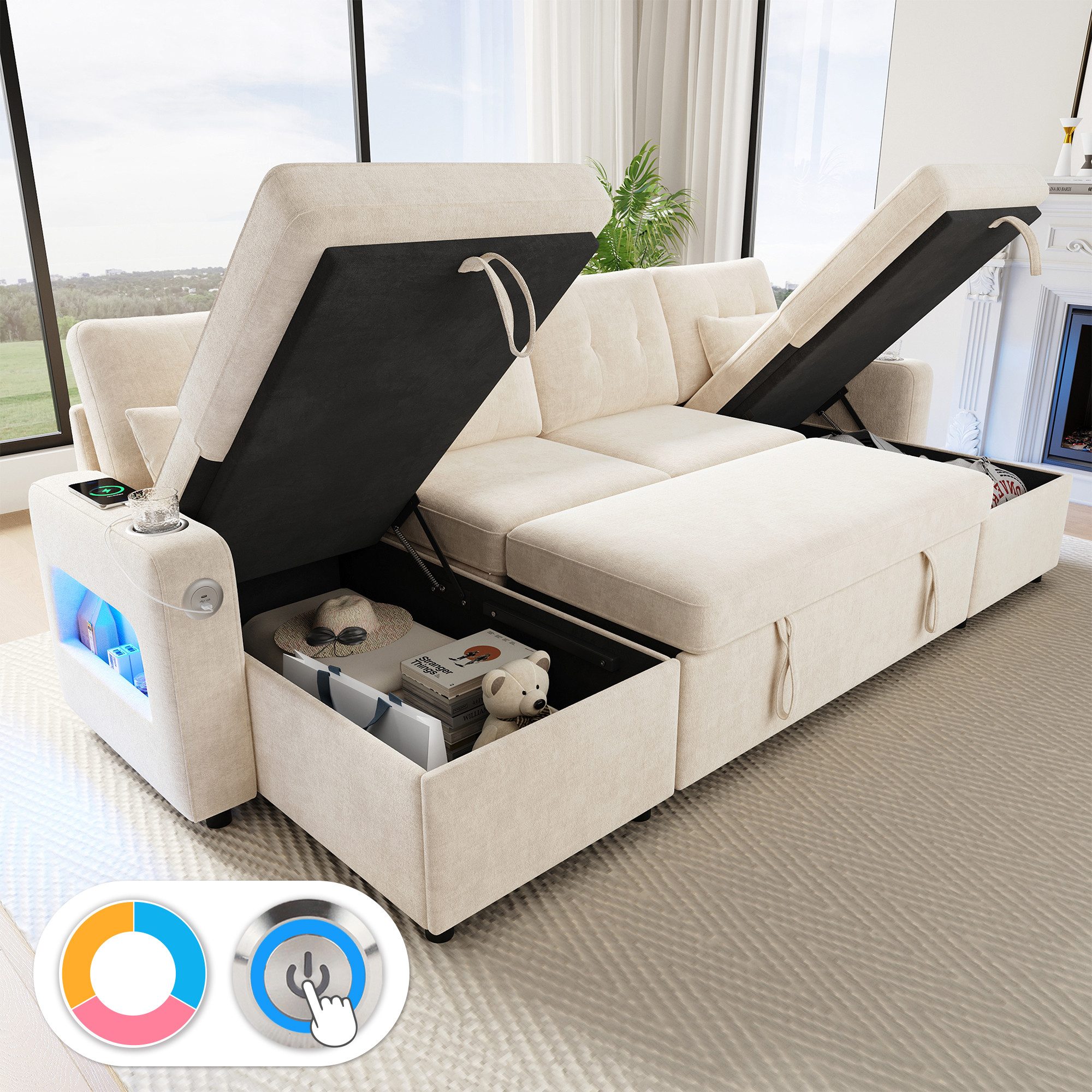 Merax Ecksofa U‑förmiges Sofa mit Schlaffunktion, Ausziehbares U‑Sofa mit LED & USB, Chenille Schlafsofa Chaiselongue Sofabett für 4-5 Personen 1 Teile, Sofa mit Getränkehalter, verstecktem Stauraum & Armlehnen‑Stauraum