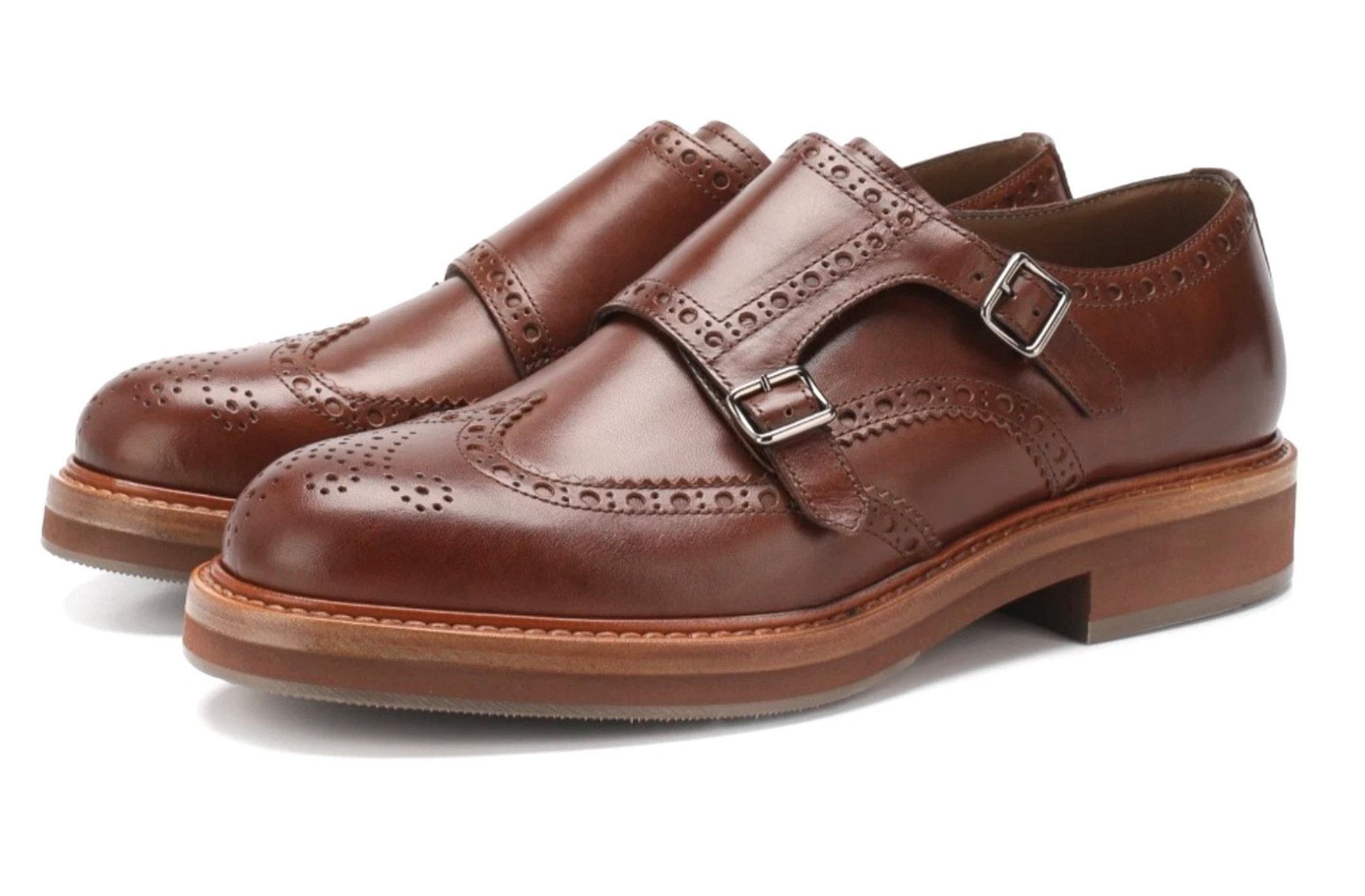 BRUNELLO CUCINELLI Double Monk Herrenschuhe Patina Brogue-Lochmuster Made in Italy Slipper Aufwendig von Hand poliert – mit Patina-Effekt