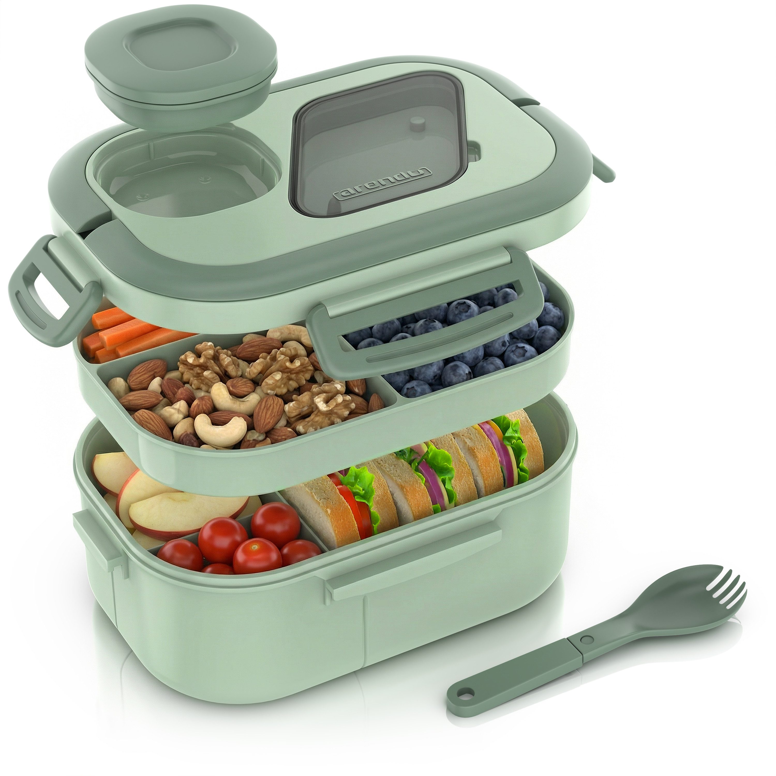 Arendo Lunchbox Bento Box Zweistöckig mit Fächern, Tragegriffen & Besteck, Brotdose, Polyprophylen (PP), (Set, 4-tlg., 6 Fächer plus Butterdose und Besteckfach), Auslaufsicher, mikrowellen- & spülmaschinengeeignet, BPA-frei, 1000 ml