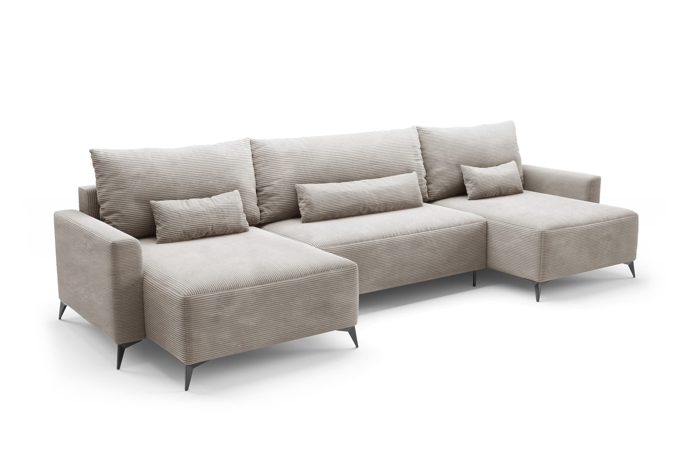 Deine Мебель 24 Wohnlandschaft LOCA U-Form 382 cm breit Ecksofa Sofa Wohnzimmer L-Couch Cord Samt, Beige Creme Grau Hellgrau Anthrazit Schwarz 5 Teile, mit Schlaffunktion Bettfunktion Bettkasten