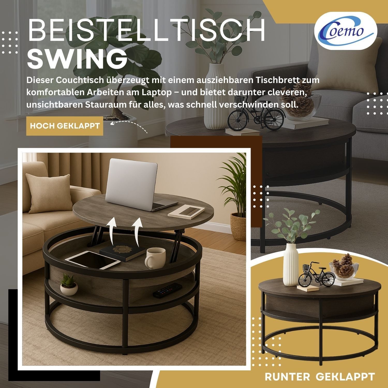 Coemo Wohnzimmertisch SWING, Grau Couchtisch Metallgestell schwingbare Tisc günstig online kaufen