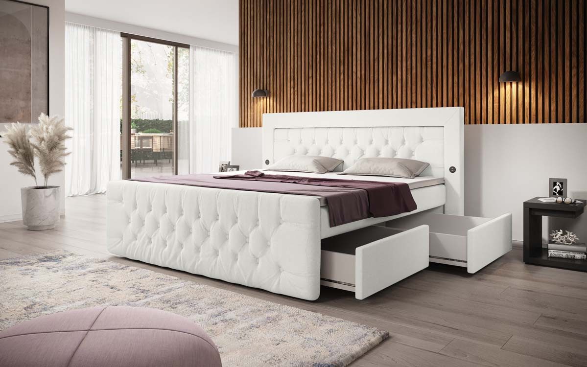 Luxusbetten24 Boxspringbett Diva Bouclé, mit USB, LED und 2 Schubladen