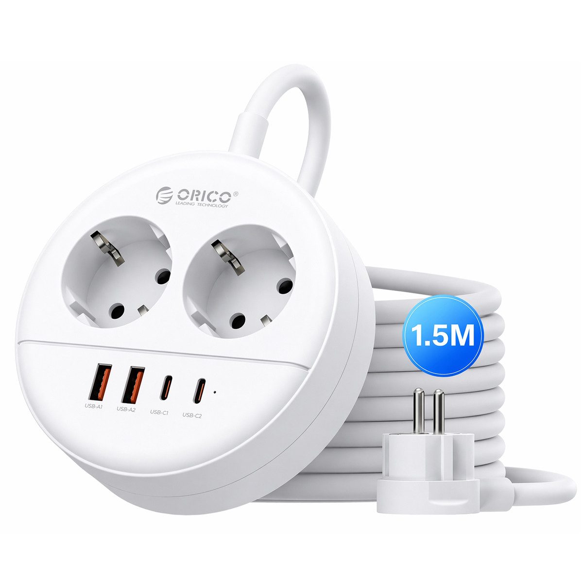 ORICO Steckdose Runde Steckdosenleiste mit USB-C PD 20W, 2 Steckdosen & 4 USB (2× USB-C), 1-St., 1,5 m Kabel, Wandmontage & Sicherheitsverschluss, 2500W für Büro & Zuhause