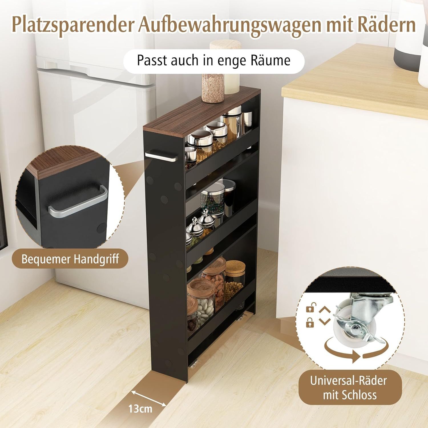 KOMFOTTEU Regalwagen Nischenregal, 4 Ebenen, mit Griff