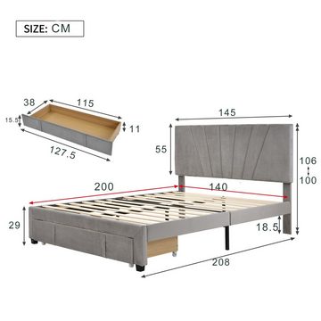 SOFTWEARY Polsterbett Doppelbett (mit Lattenrost und 1 Schubladen), 140x200 cm, mit höhenverstellbarem Kopfteil, Bezug aus Samt
