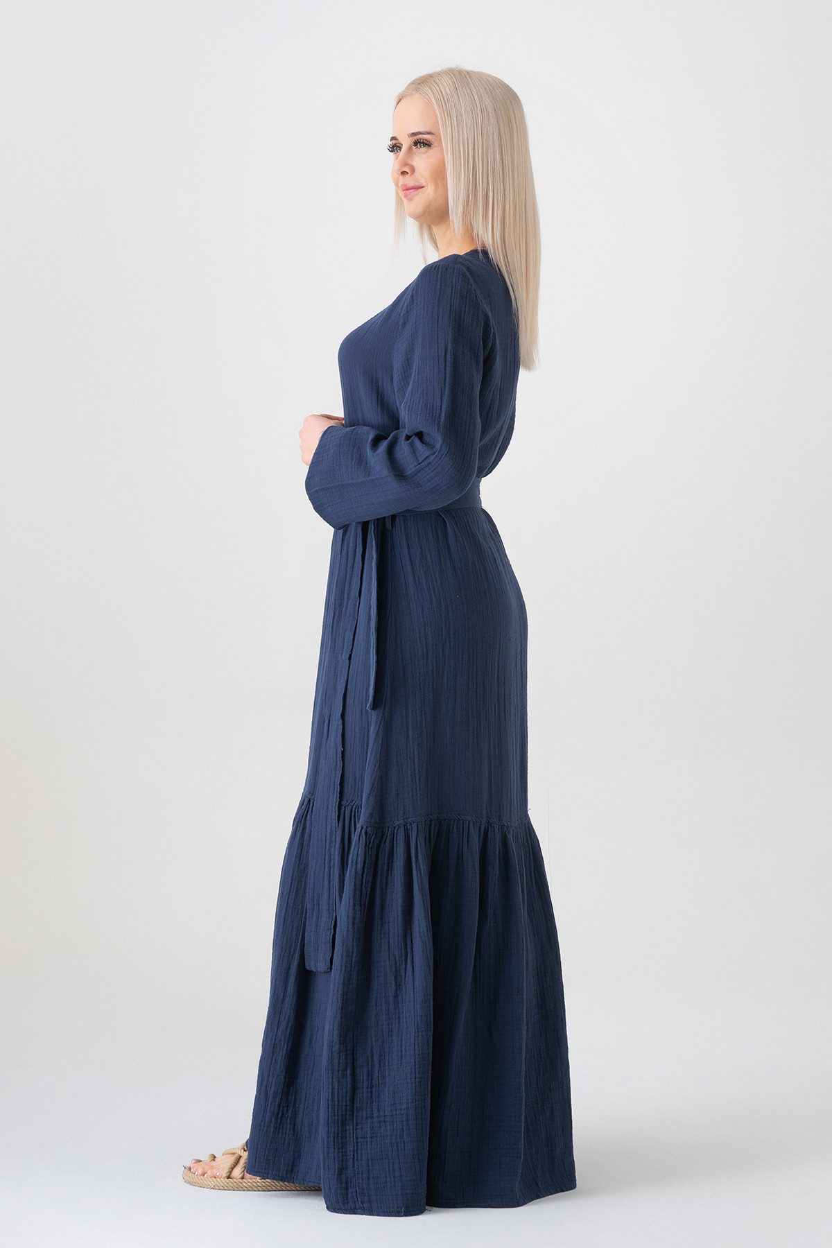 WENOR Sommerkleid Musselin-Kleid, 100 % Baumwolle, Volantsaum, Gürtel, Gr. 36–50 mit Volantsaum und Bindegürtel