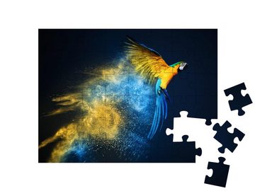 puzzleYOU Puzzle Fliegender Ara-Papagei über bunter Pulverexplosion, 48 Puzzleteile, puzzleYOU-Kollektionen Vögel, Papagei, Tiere in Dschungel & Regenwald