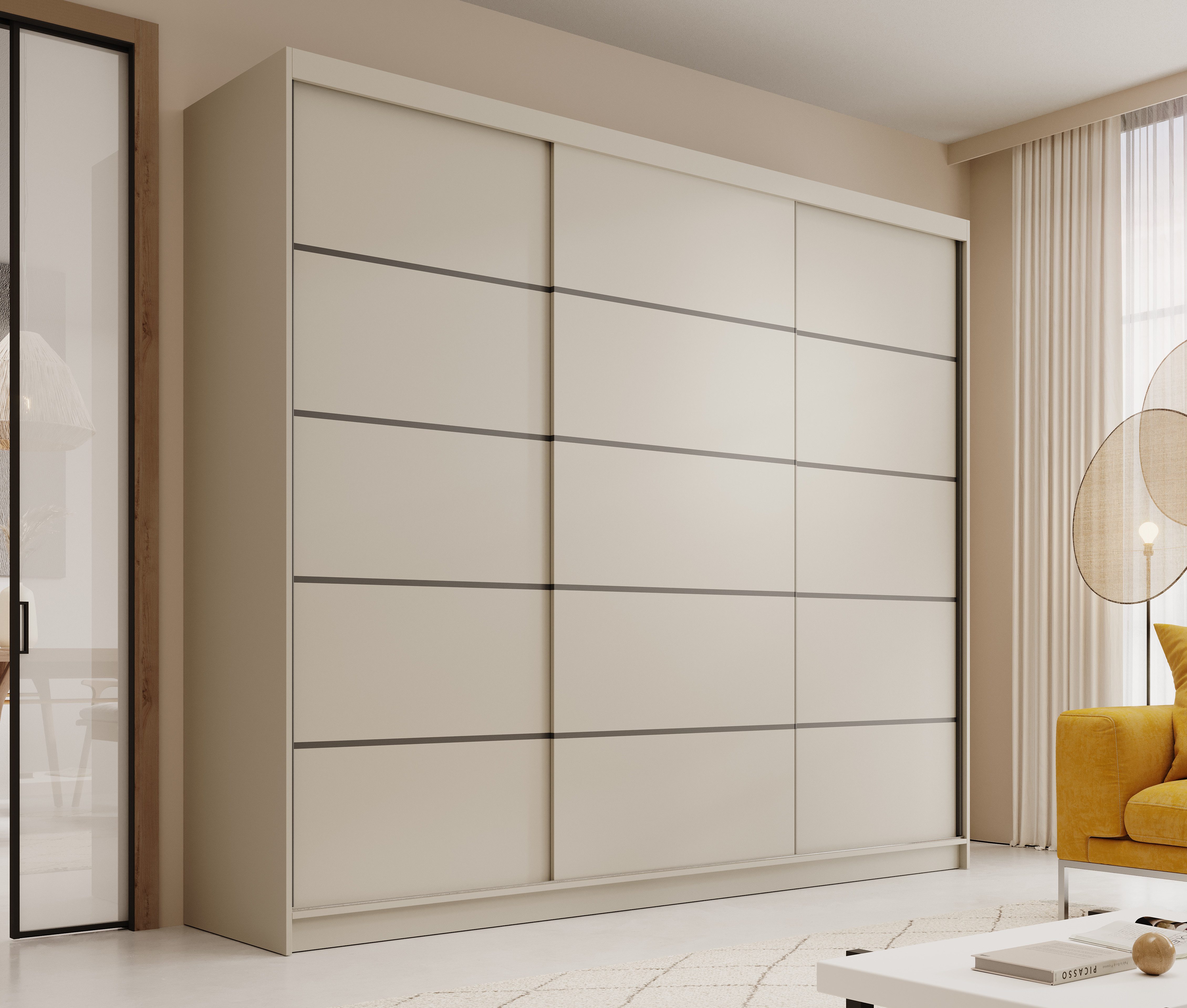 MOEBLO Schiebetürenschrank Velora 250 (Moderner Kleiderschrank mit 3 Schiebetüren, großem Stauraum, Schrank Garderobe Schiebtüren Schlafzimmer) (BxHxT): 250 x 215 x 58 cm