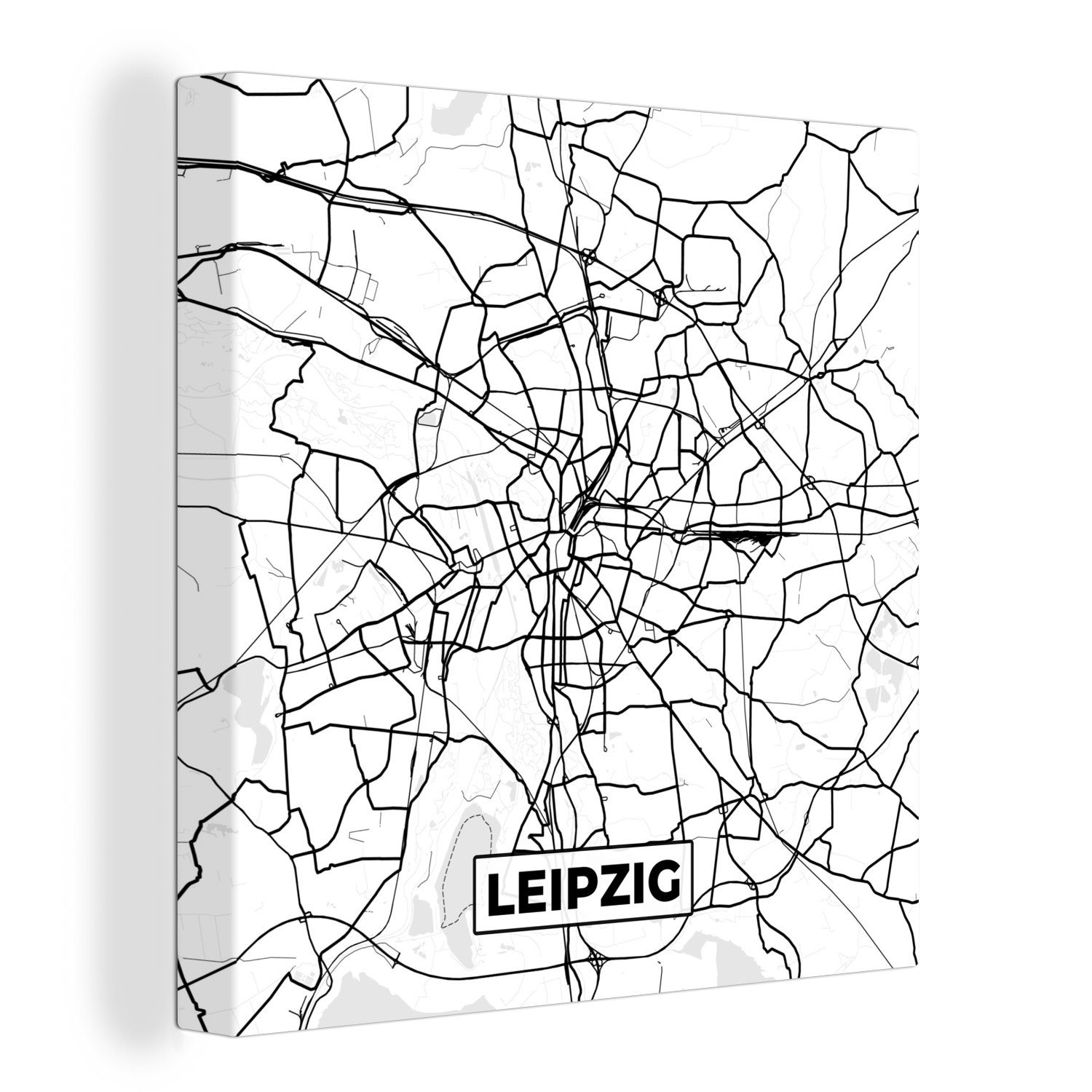 OneMillionCanvasses® Leinwandbild Leipzig - Karte - Stadtplan, (1 St), Leinwand Bilder für Wohnzimmer Schlafzimmer