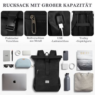 TAN.TOMI Laptoprucksack Rolltop Rucksack Wasserdicht für Damen & Herren, Großer, mit 17 Zoll Laptopfach & Anti Diebstahl Tasche Fahrradrucksack