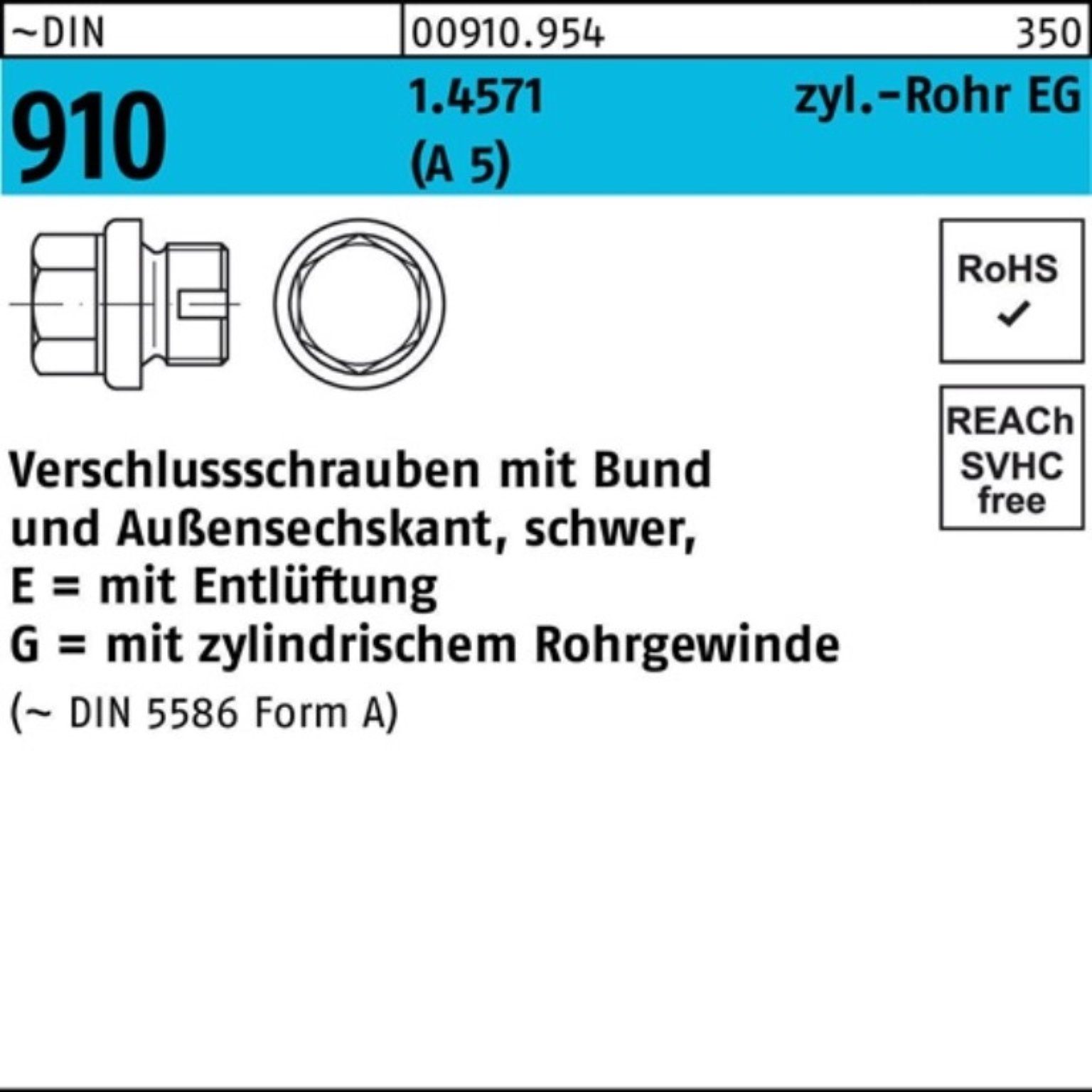 Reyher Schraube 100er 910-2 A5/1 Pack Verschlußschraube EG 1/4 Bund/Außen-6-kt DIN A