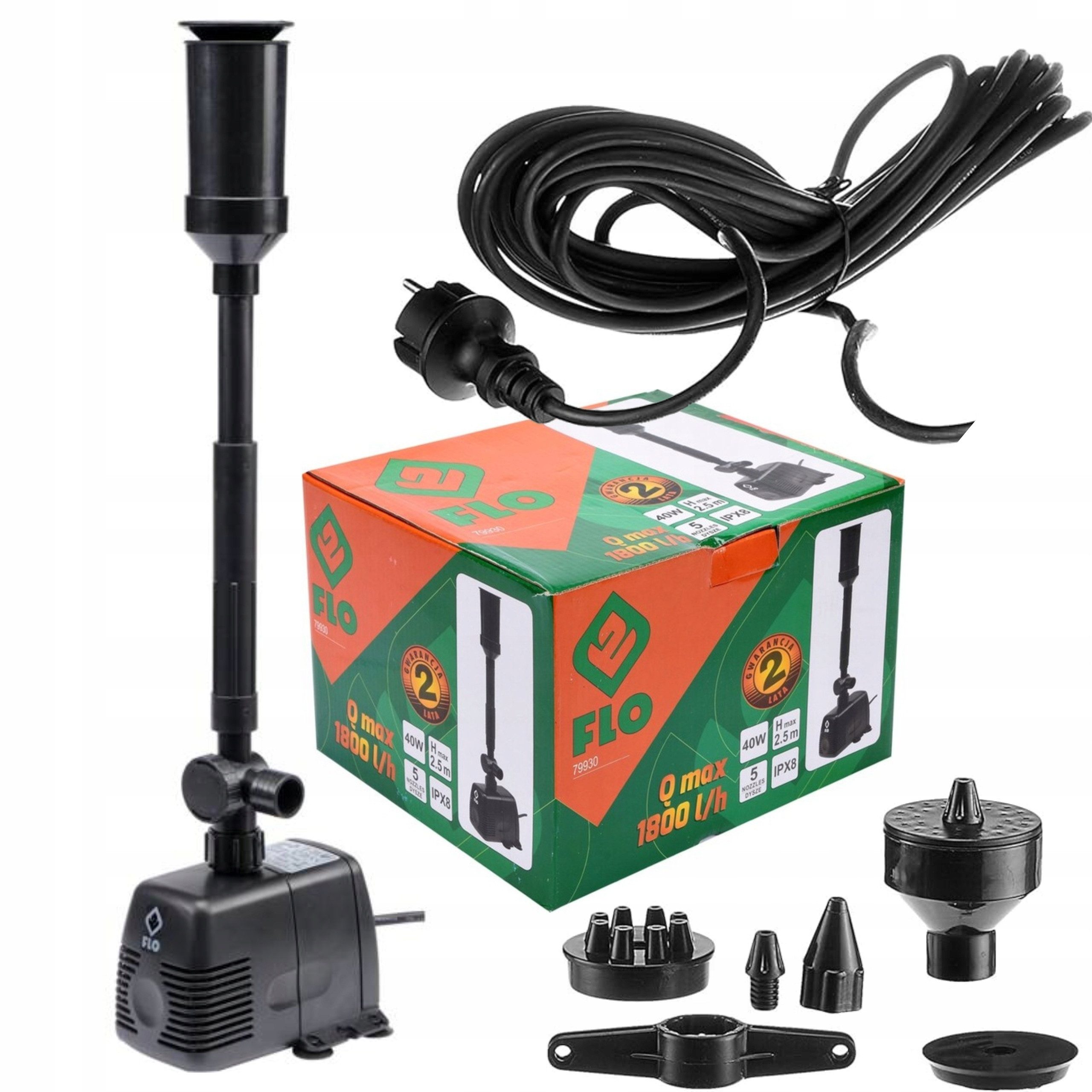 Flo Gartenpumpe Fontänenpumpe 40W mit Filter und 5 Düsen (2,375, 2,375)