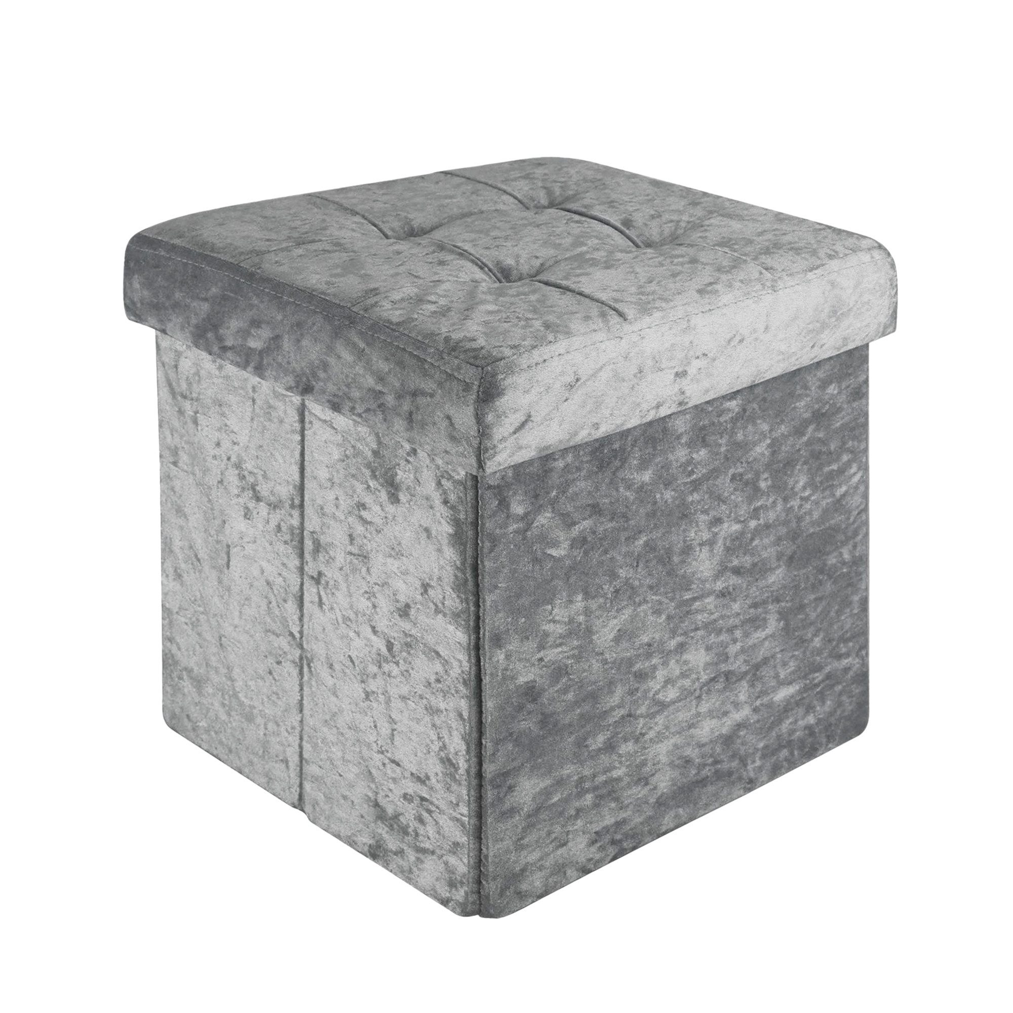 Intirilife Sitzhocker (Sitzwürfel mit Stauraum 30x30x30 cm in Samt Grau - Fußablage), Faltbarer Sitzhocker mit Samtbezug - Aufbewahrungsbox Fußhocker Kiste